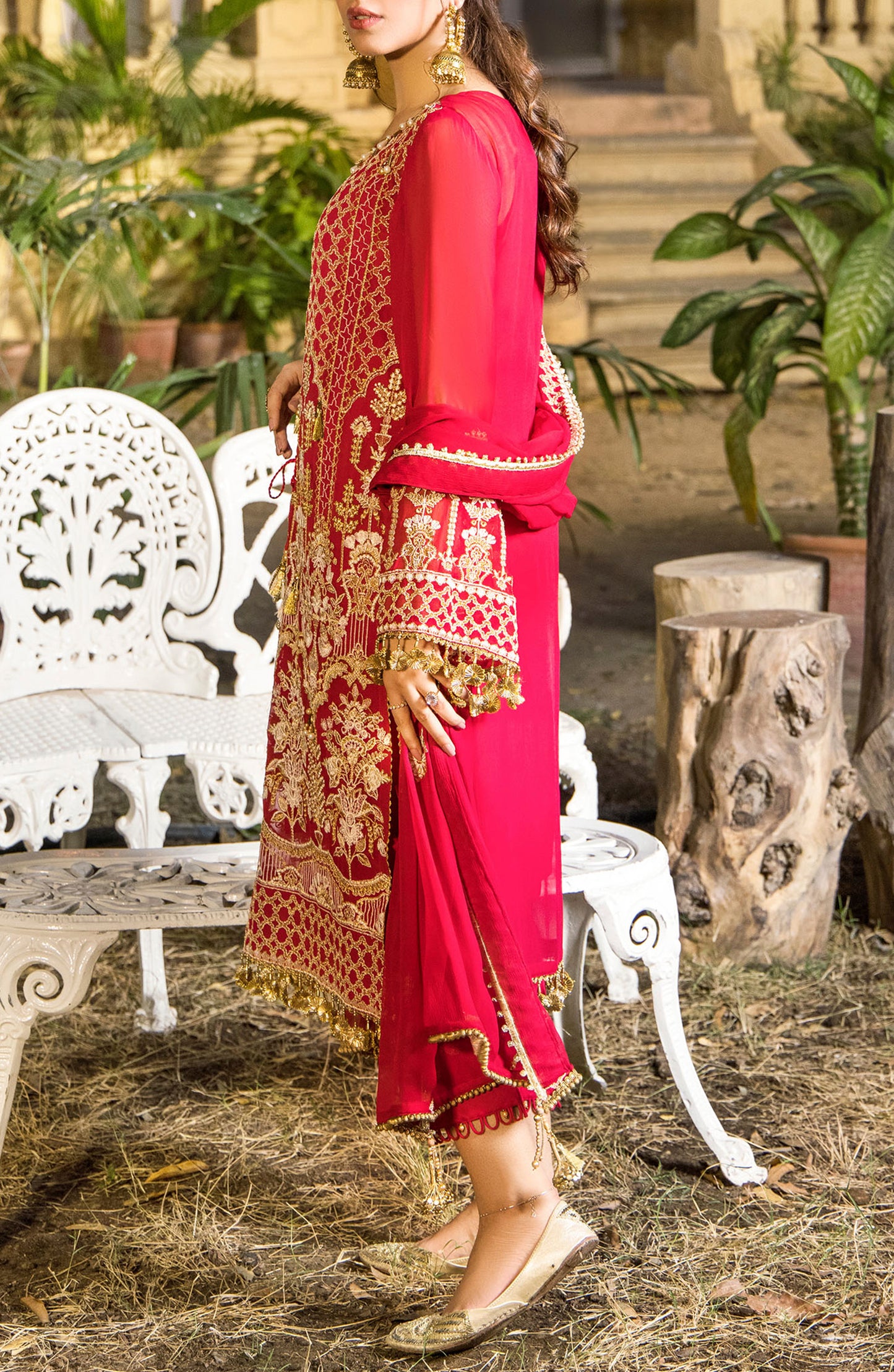 Unstitched 3 Piece Embroidered Chiffon Shirt , Raw Silk Pant and Chiffon Dupatta (NRF-024/U RED)