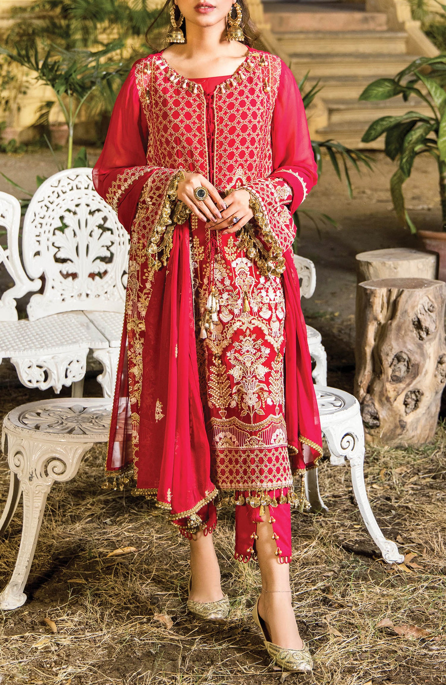 Unstitched 3 Piece Embroidered Chiffon Shirt , Raw Silk Pant and Chiffon Dupatta (NRF-024/U RED)