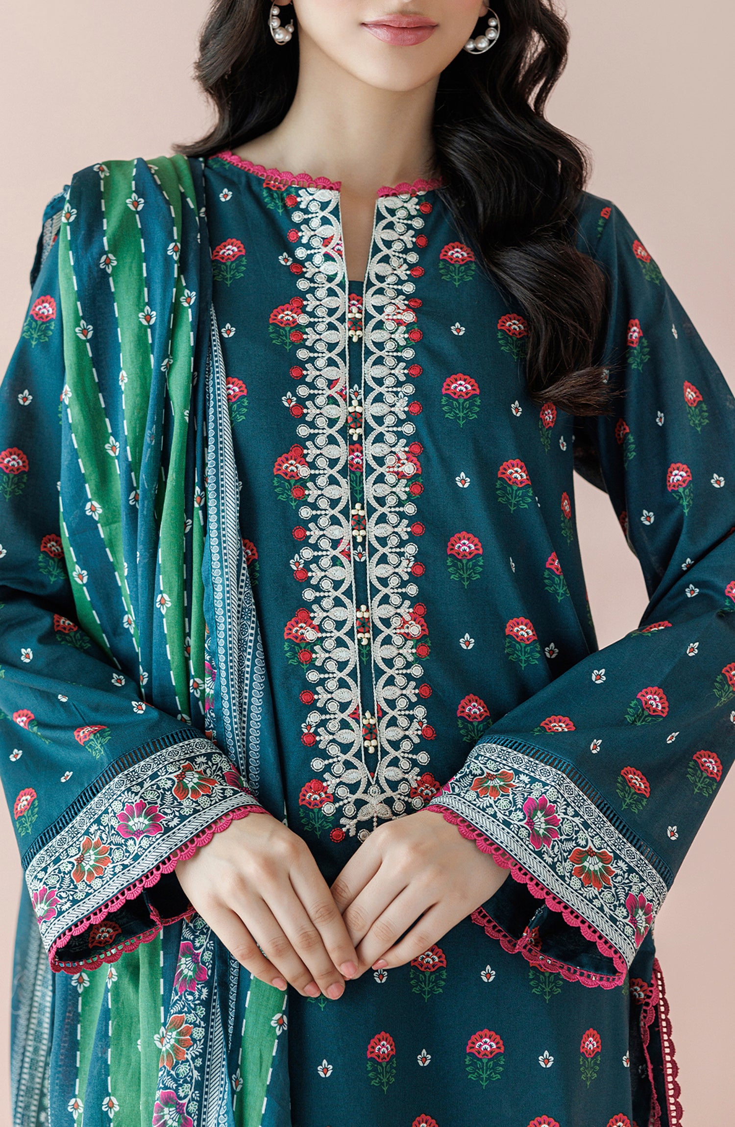 Stitched 3 Piece Embroidered Lawn Shirt , Cambric Pant and Lawn Dupatta (OTL-24-024/S TEAL)