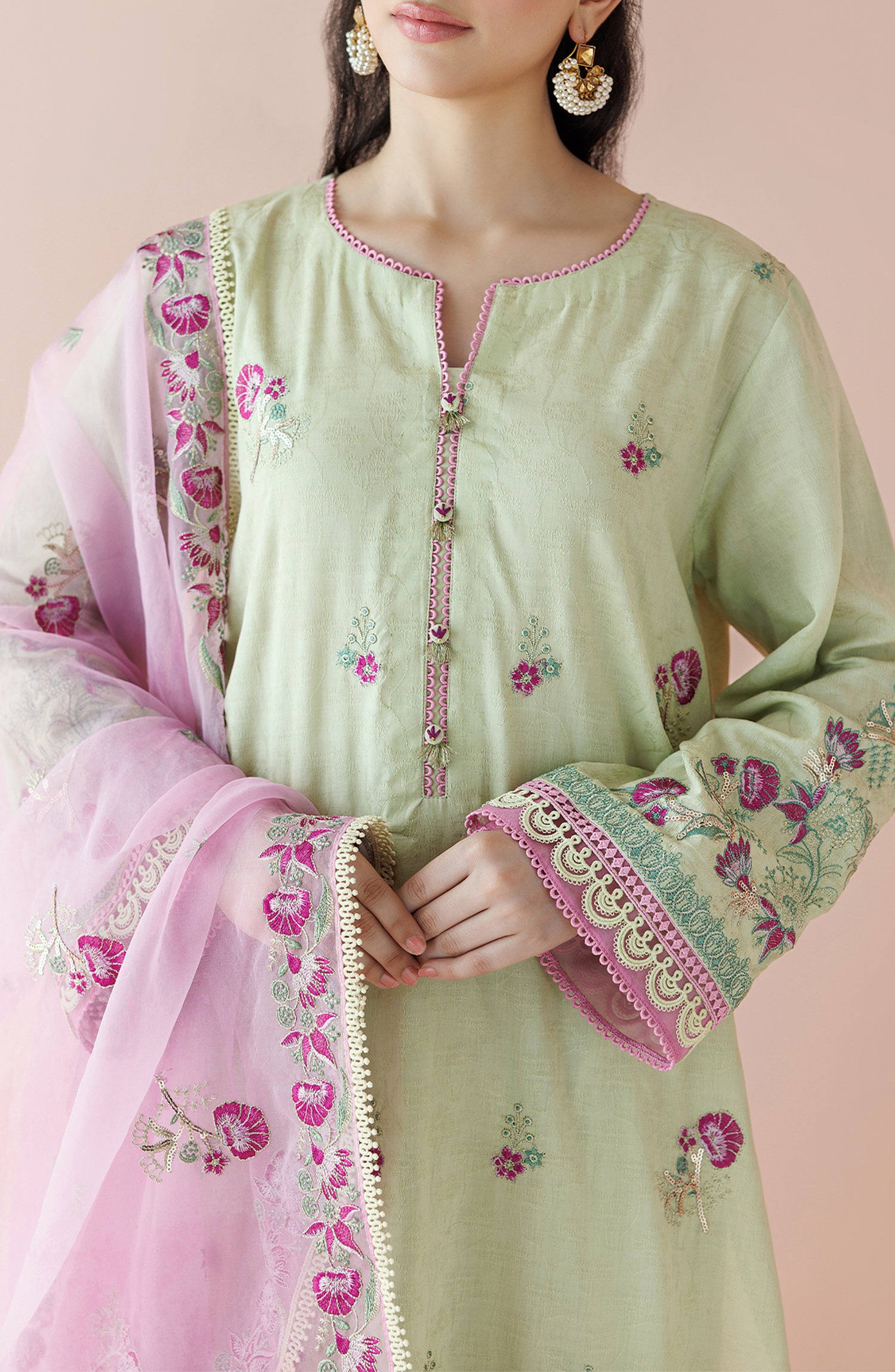 Unstitched 3 Piece Embroidered Jacquard Shirt , Jacquard Pant and Organza Dupatta (OTL-24-002/U LIGHT GREEN)