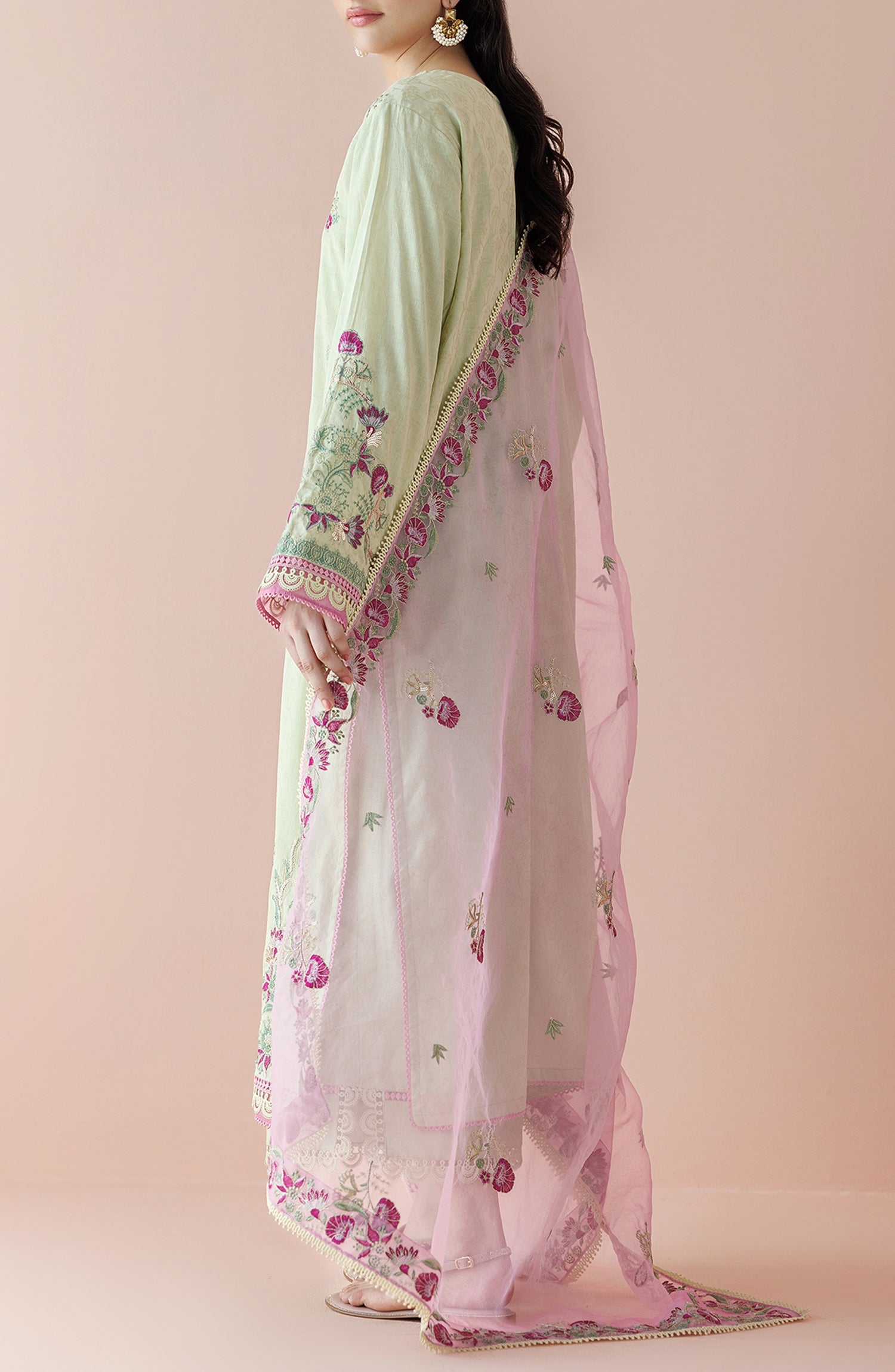 Unstitched 3 Piece Embroidered Jacquard Shirt , Jacquard Pant and Organza Dupatta (OTL-24-002/U LIGHT GREEN)