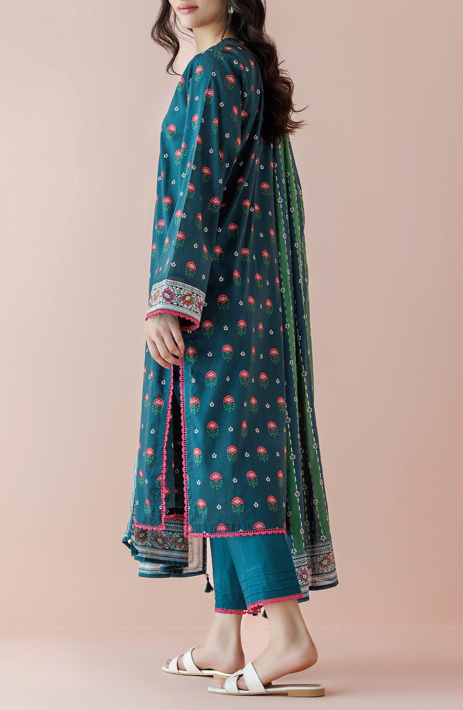 Stitched 3 Piece Embroidered Lawn Shirt , Cambric Pant and Lawn Dupatta (OTL-24-024/S TEAL)