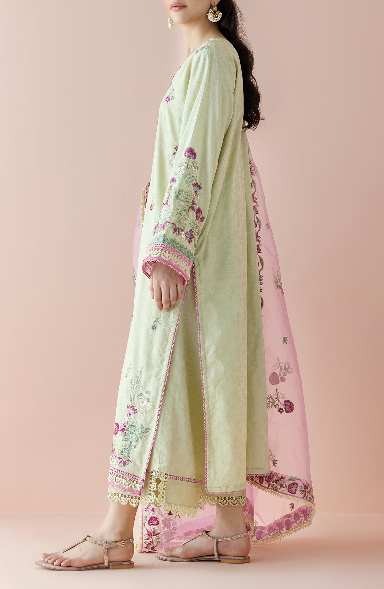 Unstitched 3 Piece Embroidered Jacquard Shirt , Jacquard Pant and Organza Dupatta (OTL-24-002/U LIGHT GREEN)