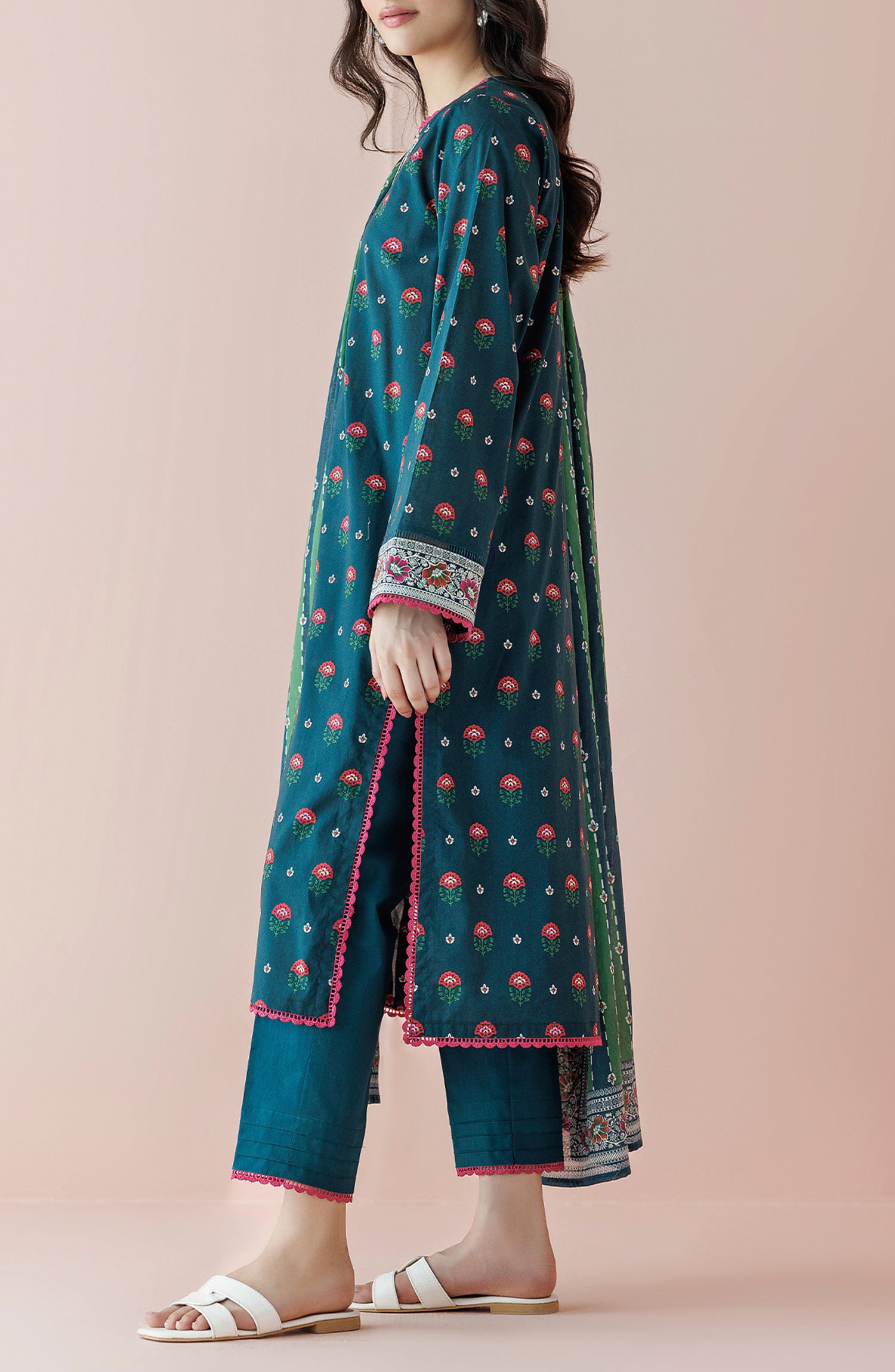 Stitched 3 Piece Embroidered Lawn Shirt , Cambric Pant and Lawn Dupatta (OTL-24-024/S TEAL)