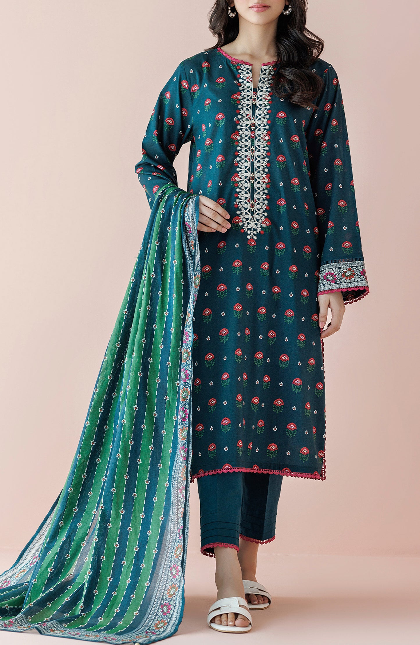 Stitched 3 Piece Embroidered Lawn Shirt , Cambric Pant and Lawn Dupatta (OTL-24-024/S TEAL)