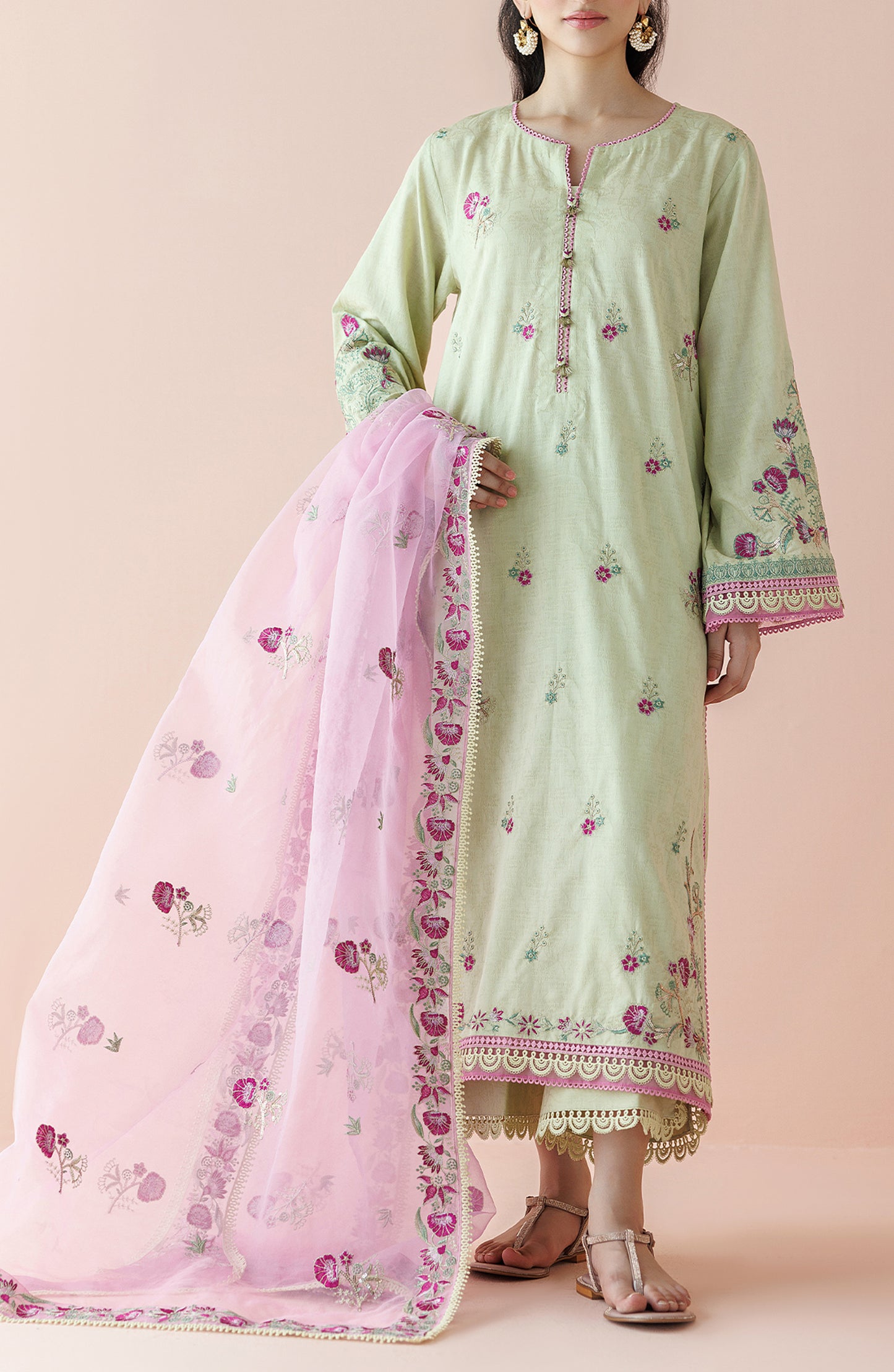 Unstitched 3 Piece Embroidered Jacquard Shirt , Jacquard Pant and Organza Dupatta (OTL-24-002/U LIGHT GREEN)