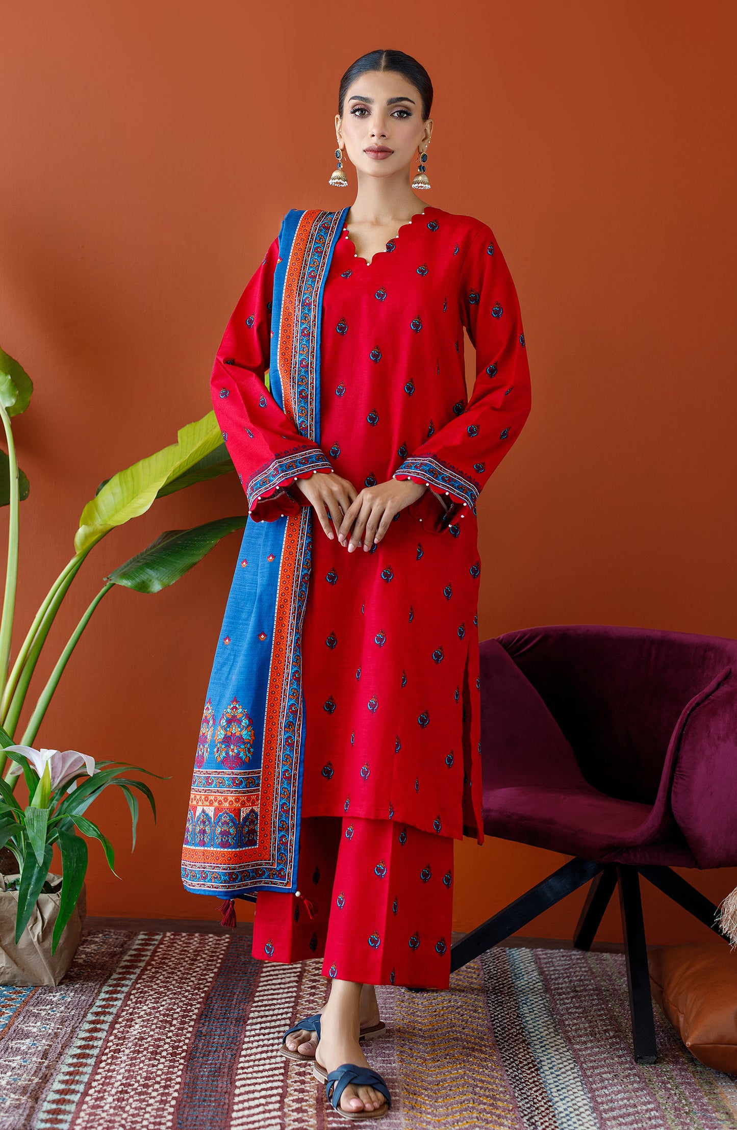 OTL-23-199/S RED KHADDAR Women READY TO WEAR SHIRT DUPATTA PANTS