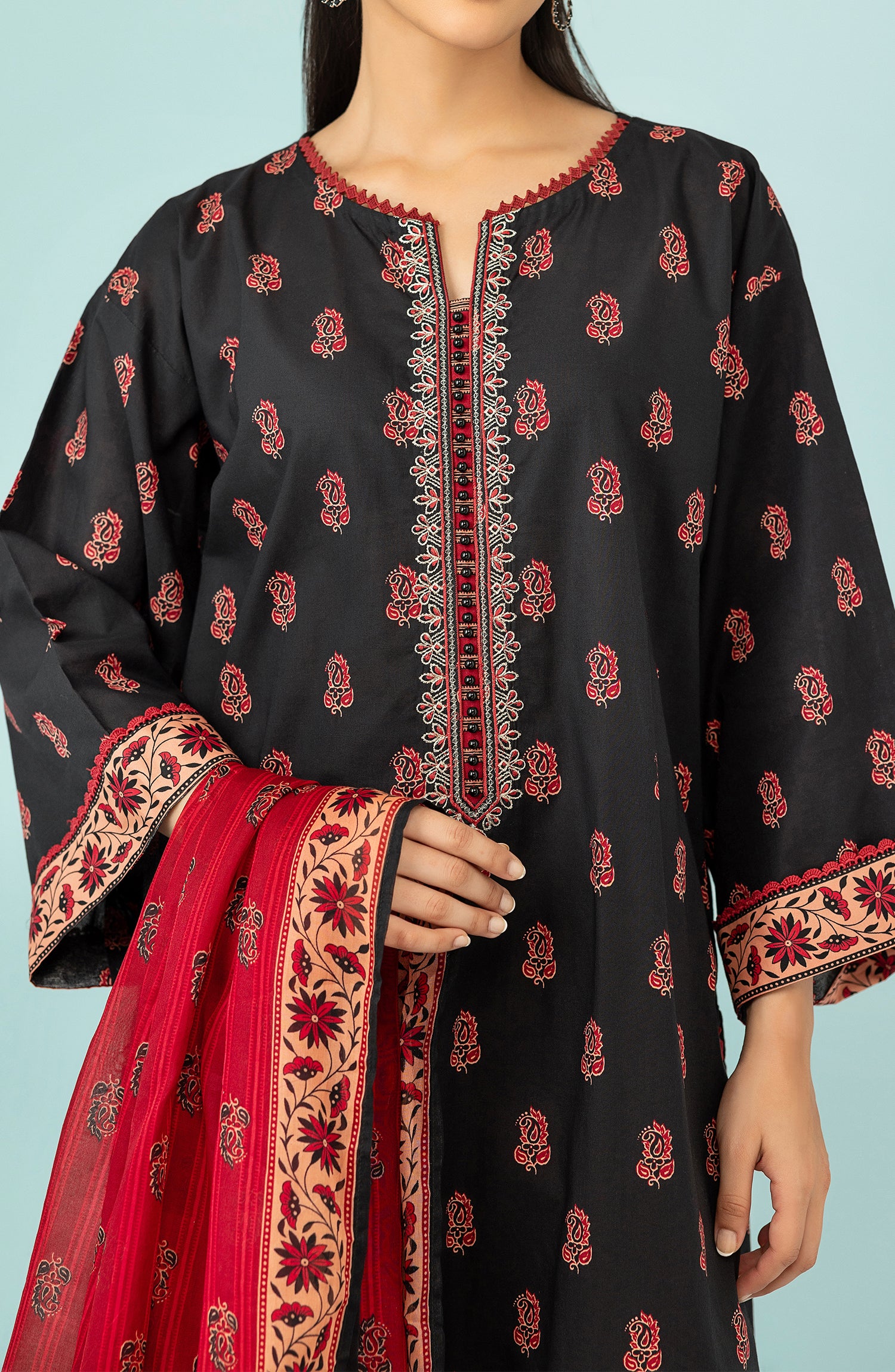 Unstitched 3 Piece Embroidered Lawn Shirt , Cambric Pant and Lawn Dupatta (OTL-24-241/U BLACK)