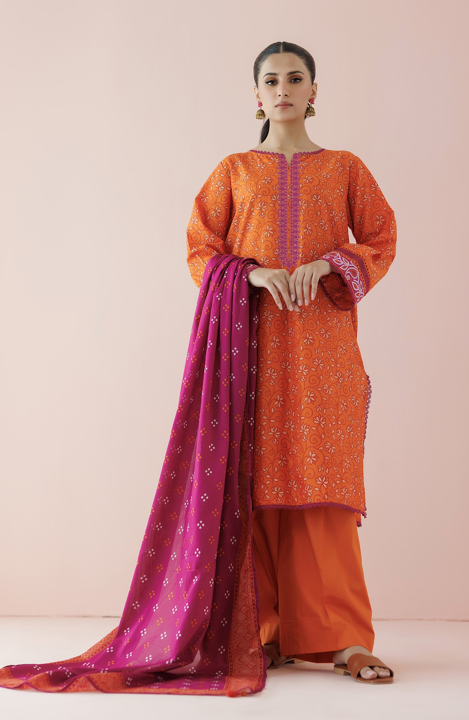 Unstitched 3 Piece Embroidered Lawn Shirt , Cambric Pant and Lawn Dupatta (OTL-24-051/U PEACH)