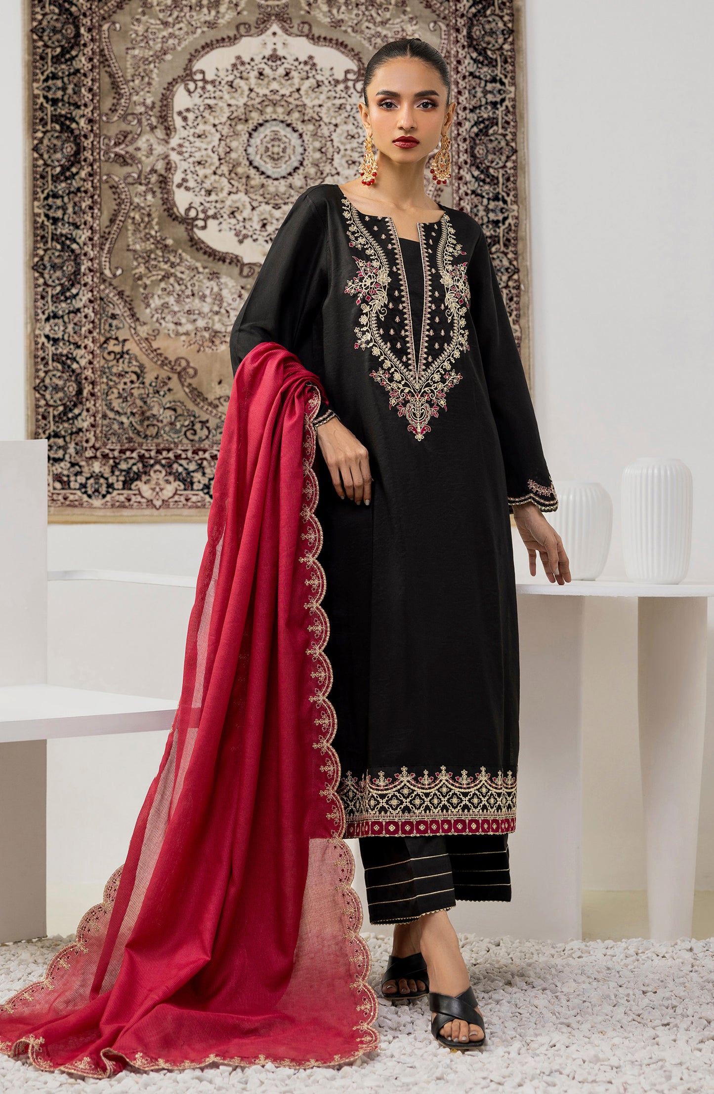 Stitched 3 Piece Embroidered Cotton Silk Shirt , Cotton Silk Pant and Slub Khaddar Dupatta (OTLF-23-057/S BLACK)