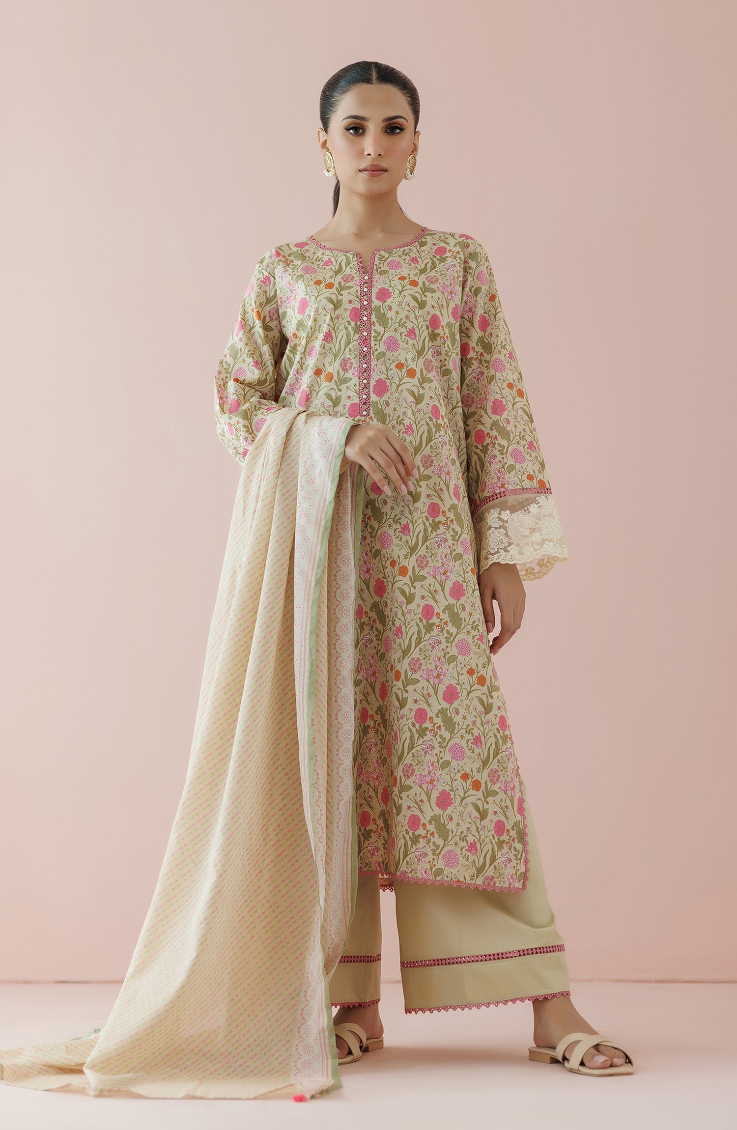 Unstitched 3 Piece Lawn Shirt , Cambric Pant and Lawn Dupatta (OTL-24-175/U BEIGE)