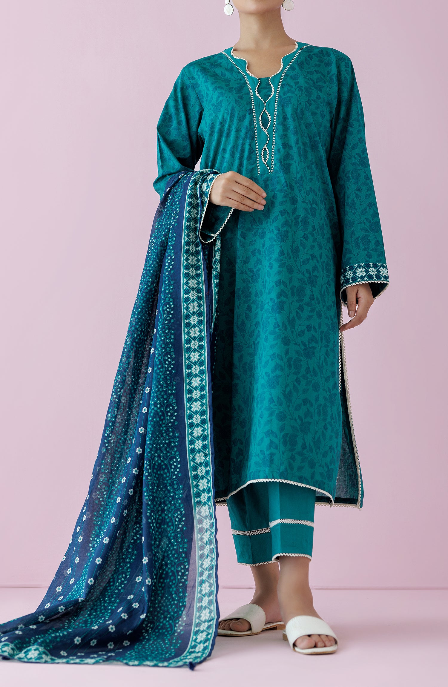 Unstitched 3 Piece Printed Lawn Shirt , Cambric Pant and Lawn Dupatta (OTL-24-314/U TEAL)