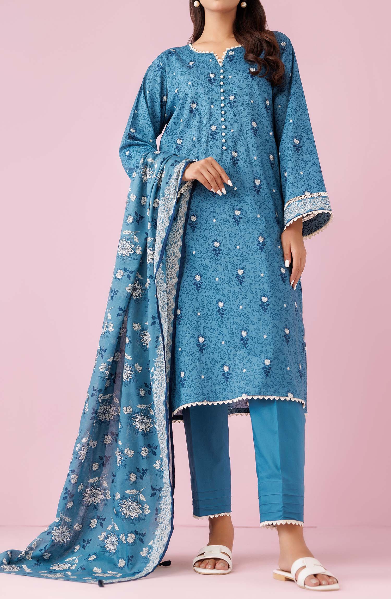 Unstitched 3 Piece Printed Lawn Shirt , Cambric Pant and Lawn Dupatta (OTL-24-465/U TEAL)