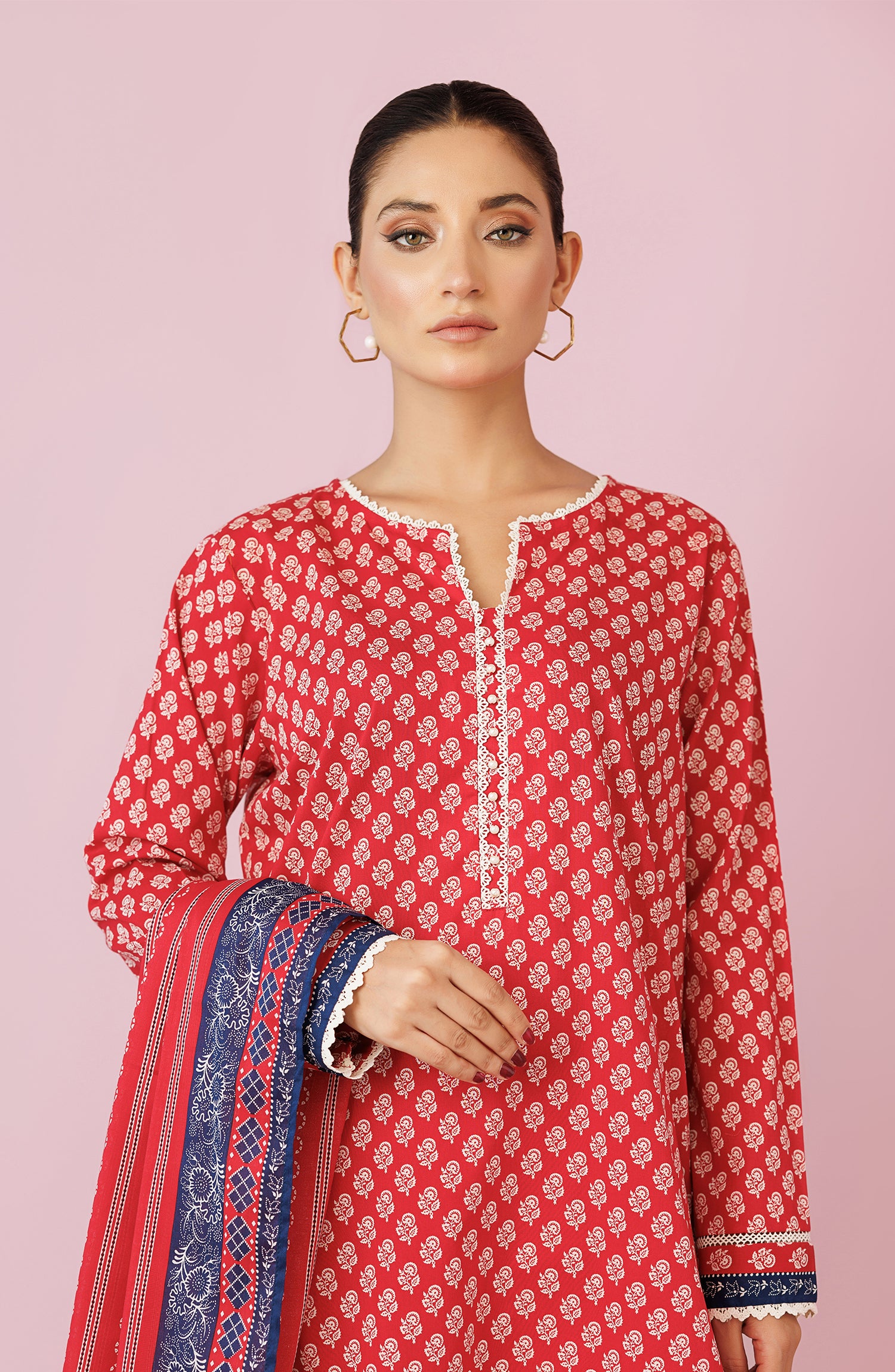 Unstitched 3 Piece Printed Lawn Shirt , Cambric Pant and Lawn Dupatta (OTL-24-196/U RED)