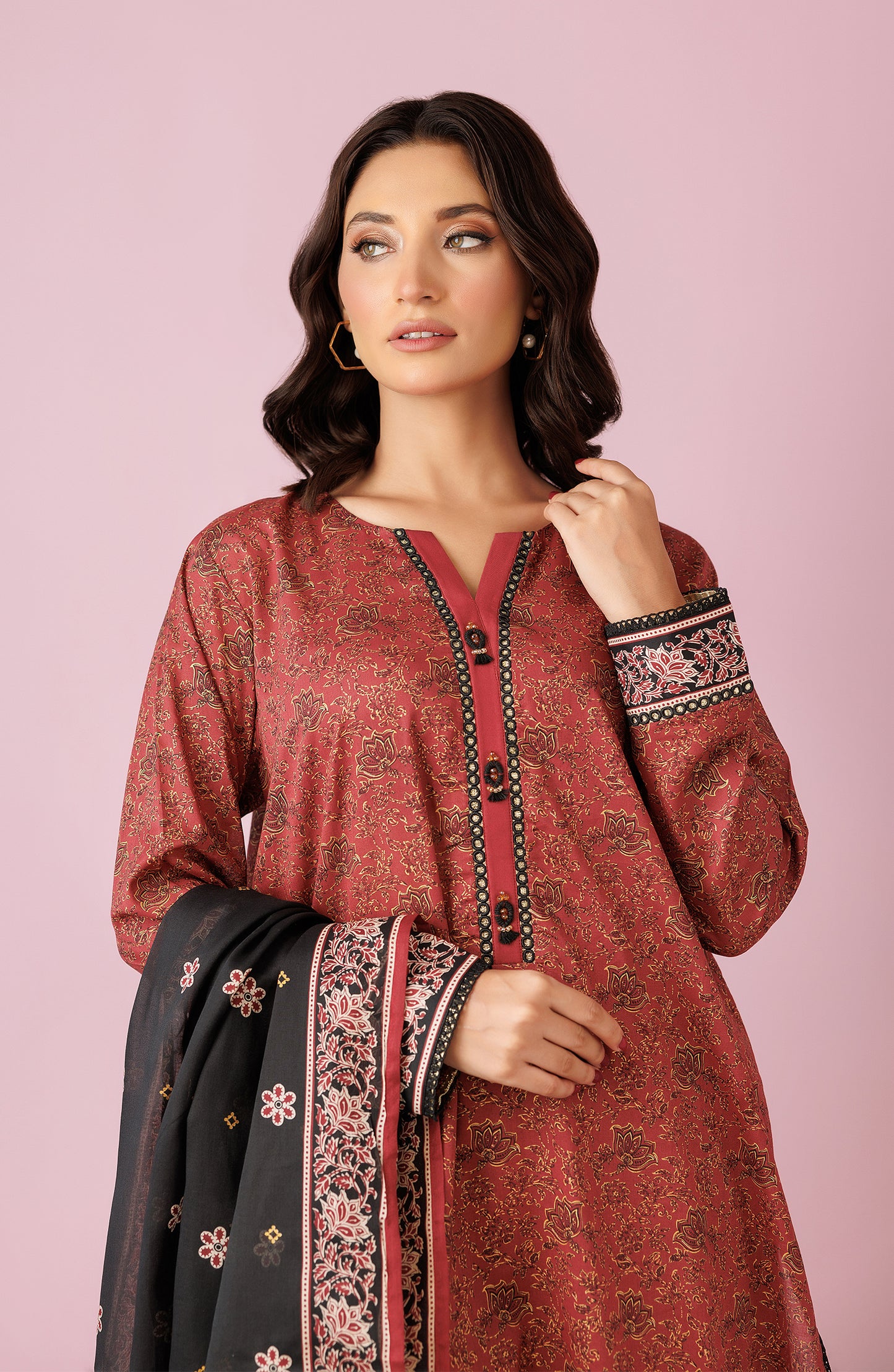 Unstitched 3 Piece Printed Lawn Shirt , Cambric Pant and Lawn Dupatta (OTL-24-215/U MAROON)