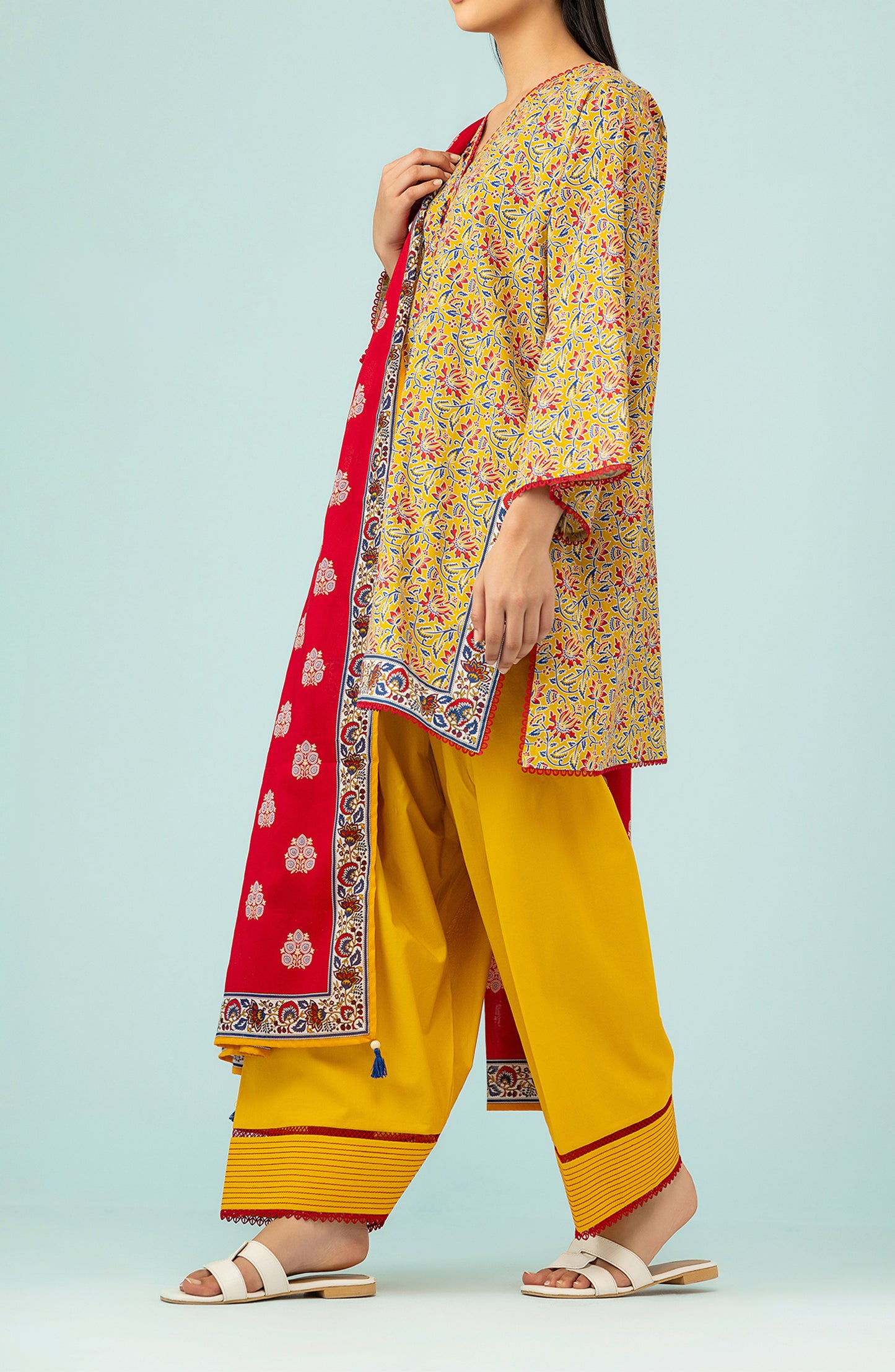 Unstitched 3 Piece Printed Lawn Shirt , Cambric Pant and Lawn Dupatta (OTL-24-198/U YELLOW)