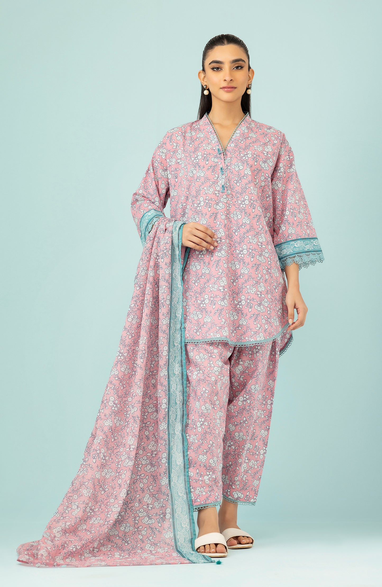 Unstitched 3 Piece Printed Lawn Shirt , Cambric Pant and Lawn Dupatta (OTL-24-429-B/U LIGHT PINK)