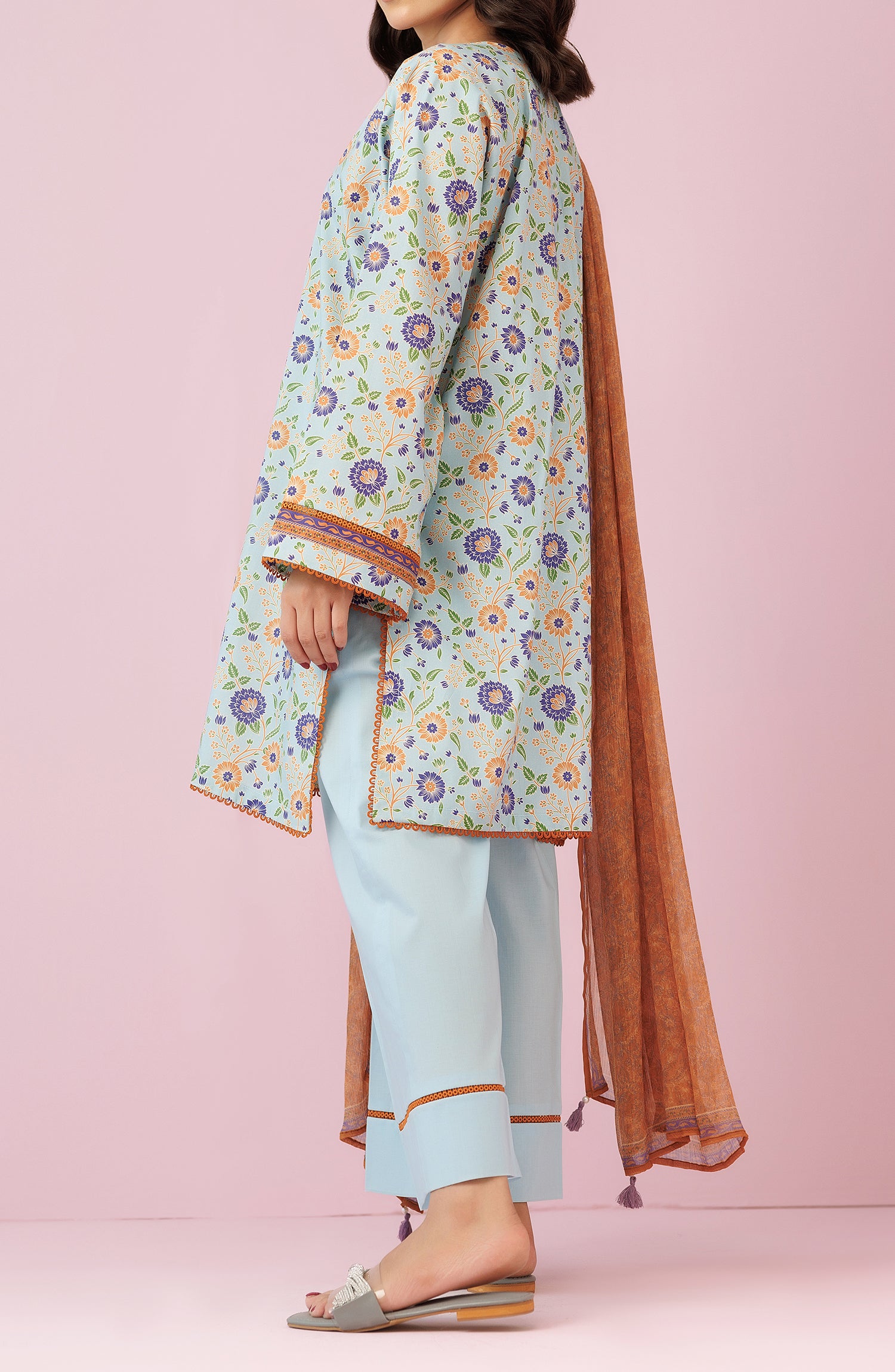 Unstitched 3 Piece Printed Lawn Shirt , Cambric Pant and Kitonic Chiffon Dupatta (OTL-24-297/U SKY BLUE)