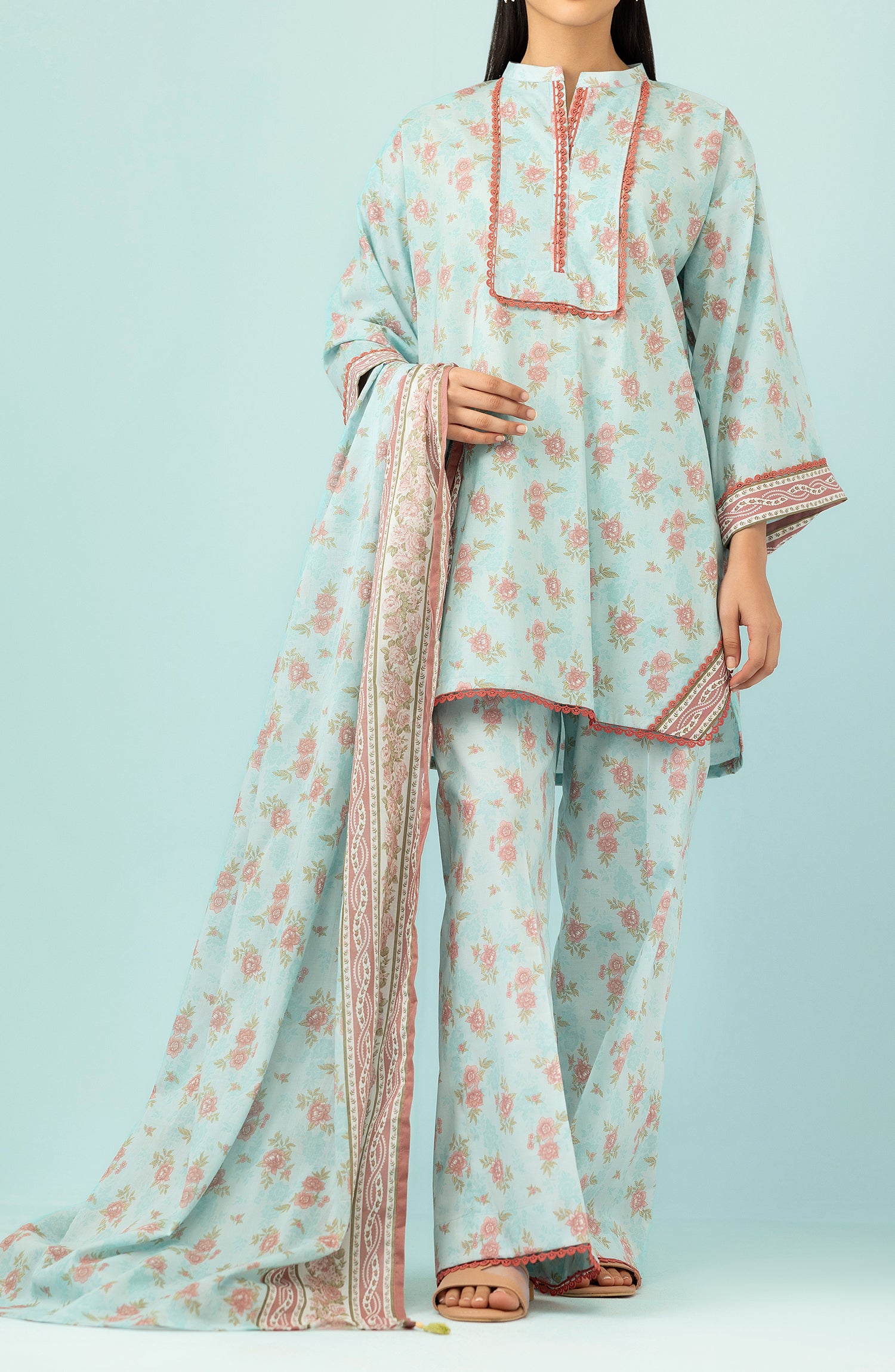 Unstitched 3 Piece Printed Lawn Shirt , Cambric Pant and Lawn Dupatta (OTL-24-427/U SKY BLUE)