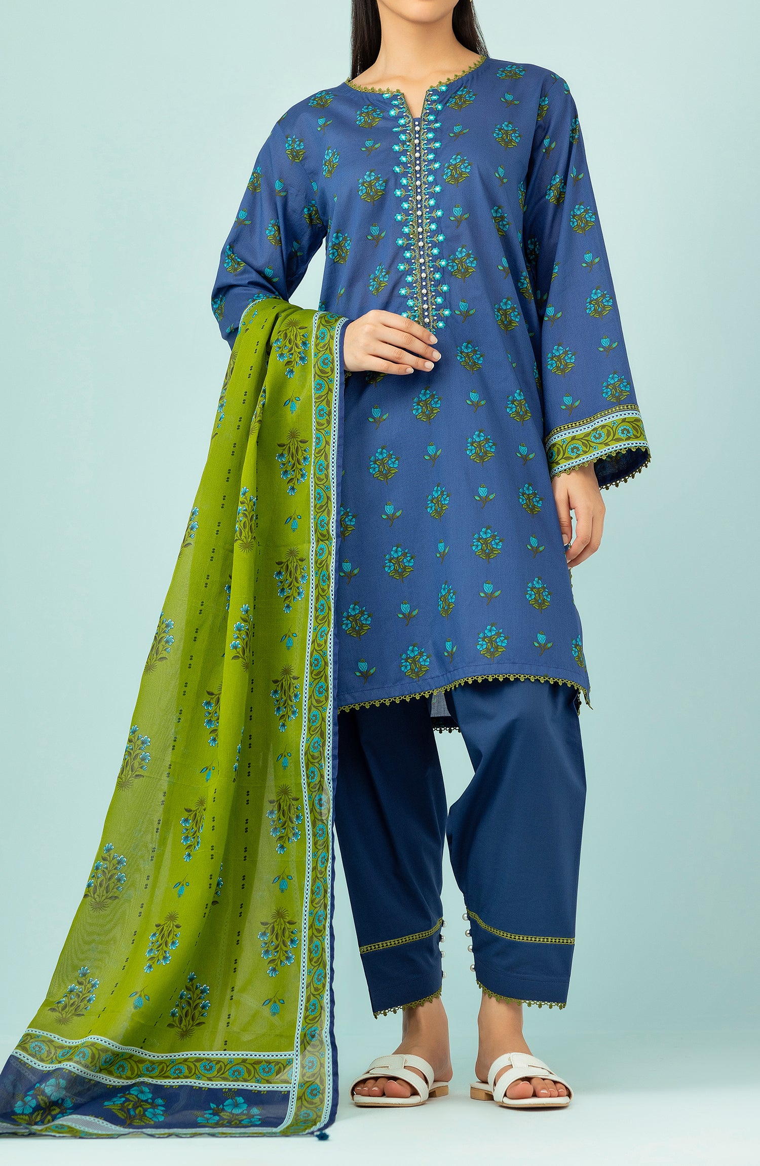 Unstitched 3 Piece Embroidered Lawn Shirt , Cambric Pant and Lawn Dupatta (OTL-24-118/U BLUE)