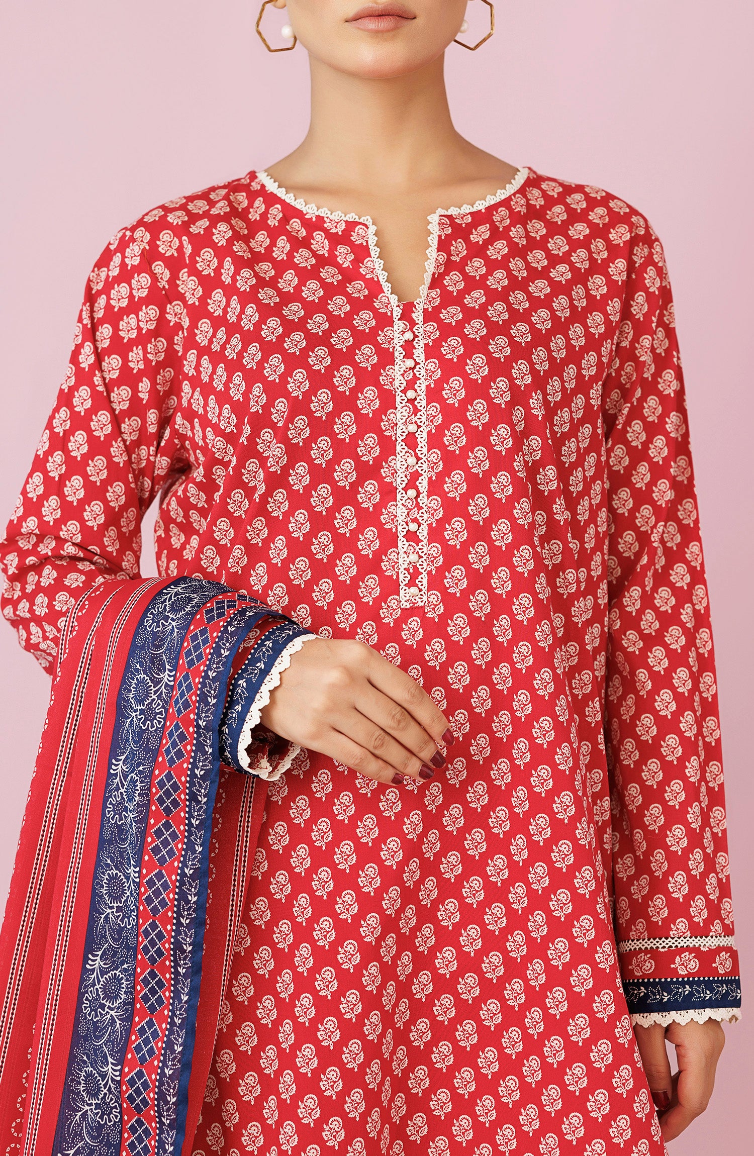 Unstitched 3 Piece Printed Lawn Shirt , Cambric Pant and Lawn Dupatta (OTL-24-196/U RED)