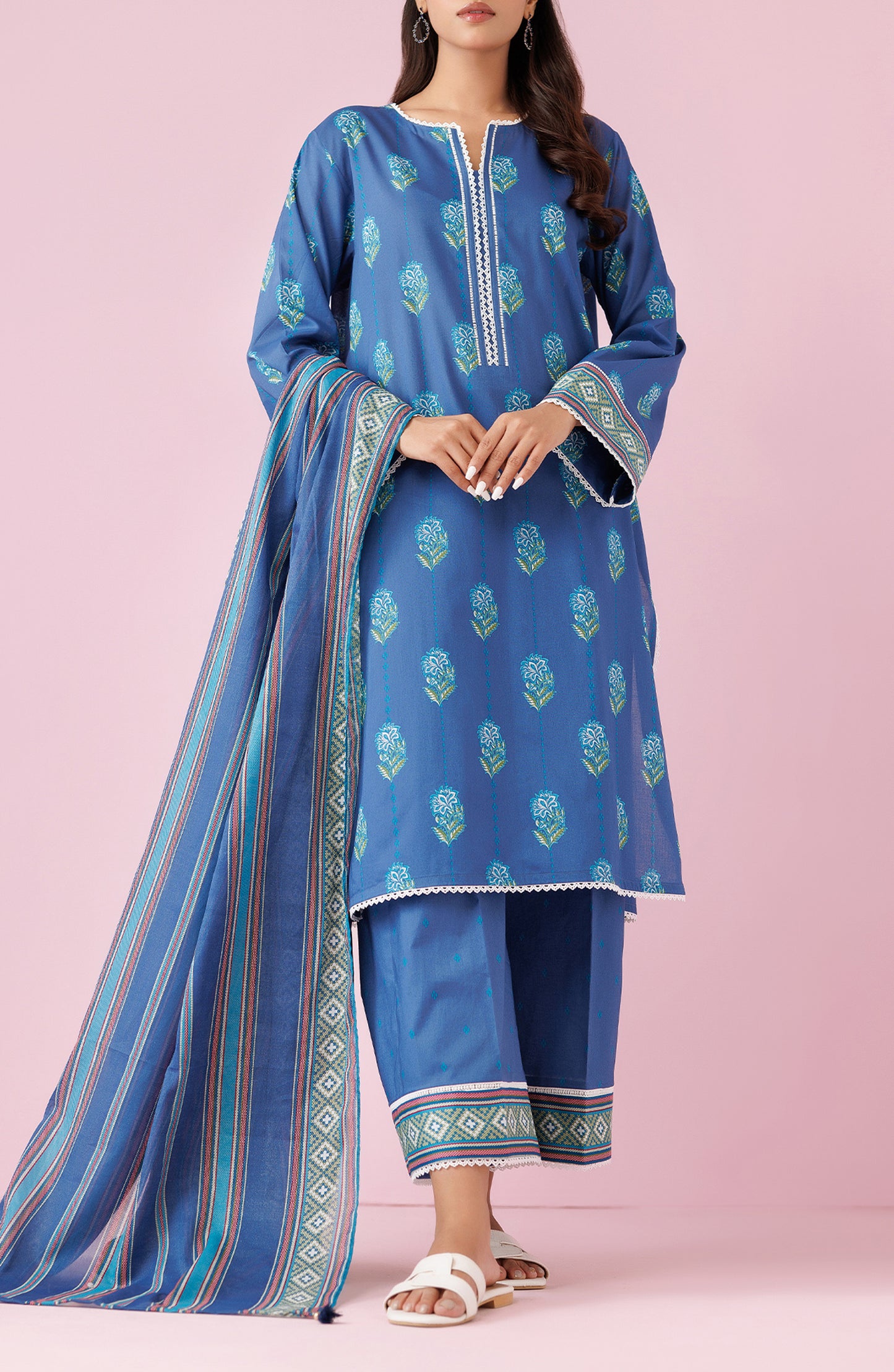 Unstitched 3 Piece Printed Lawn Shirt , Cambric Pant and Lawn Dupatta (OTL-24-162/U BLUE)