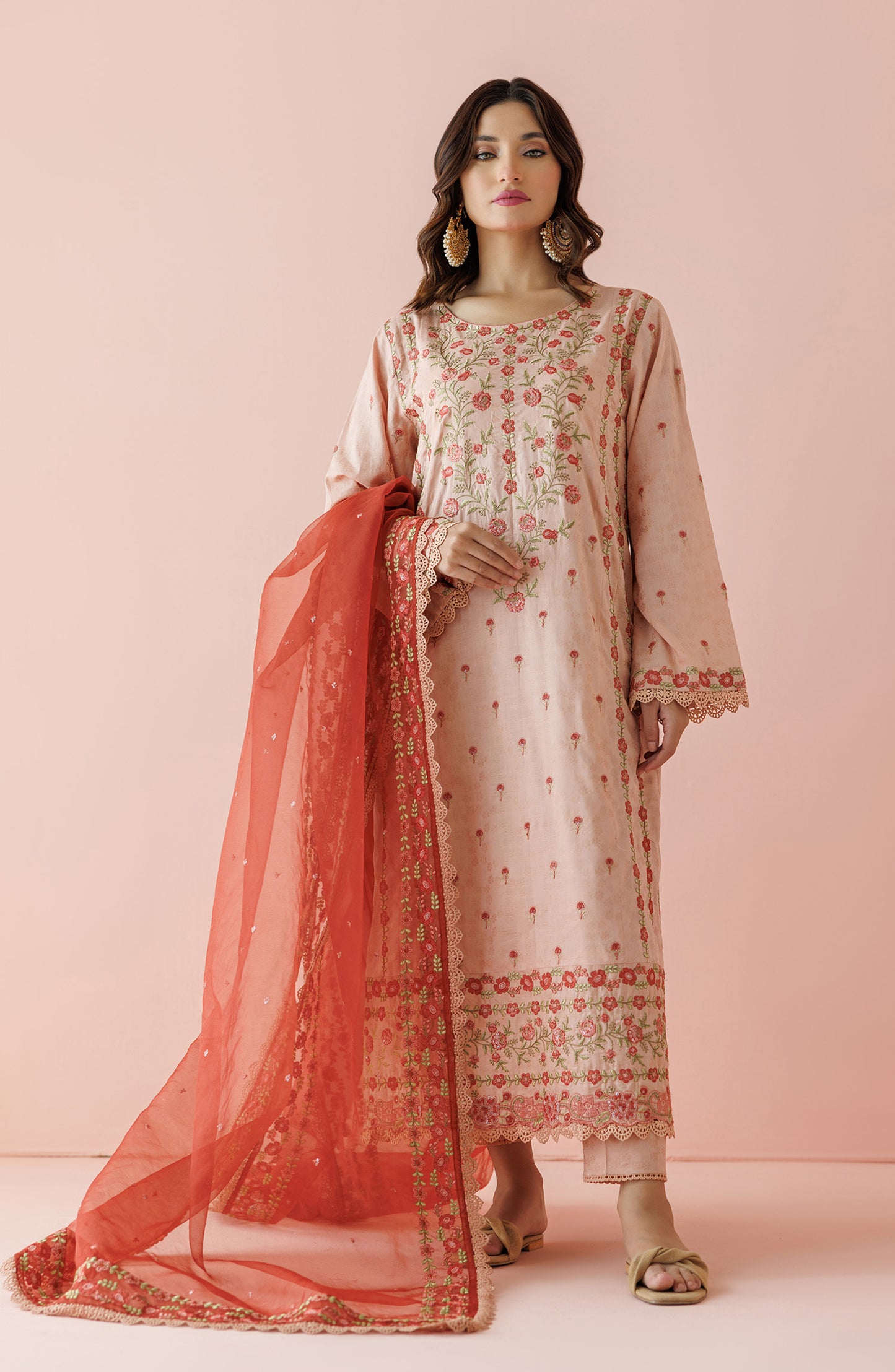 Unstitched 3 Piece Embroidered Jacquard Shirt , Jacquard Pant and Organza Dupatta (OTL-24-004/U PEACH)