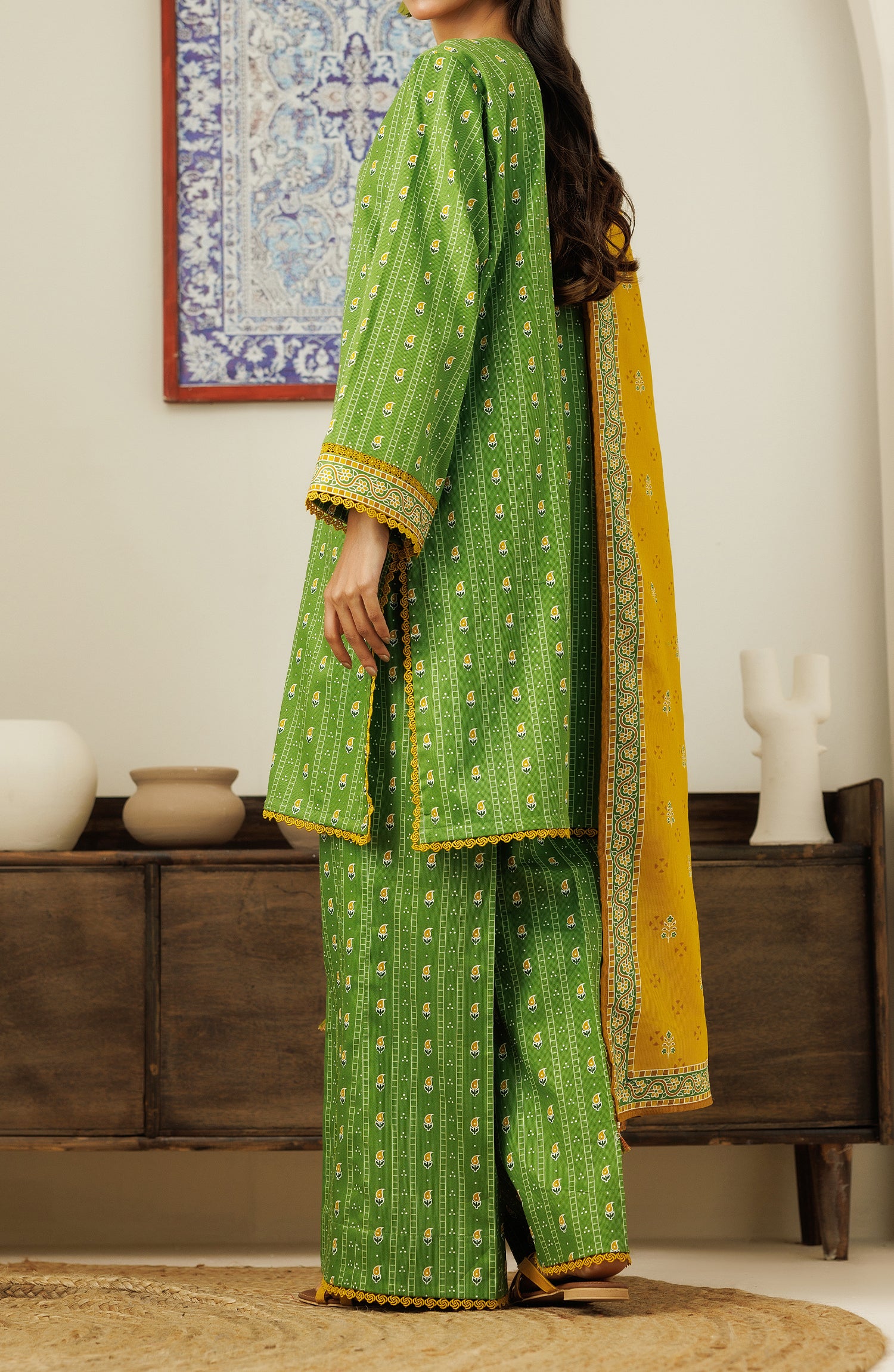 Unstitched 3 Piece Printed Cottel Shirt , Cottel Pant and Cottel Dupatta (OTL-24-451/U GREEN)