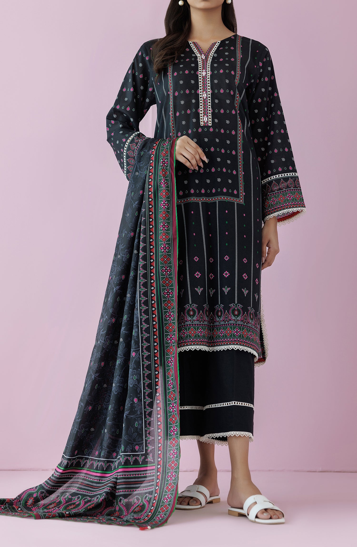 Unstitched 3 Piece Printed Lawn Shirt , Cambric Pant and Lawn Dupatta (OTL-24-405/U BLACK)