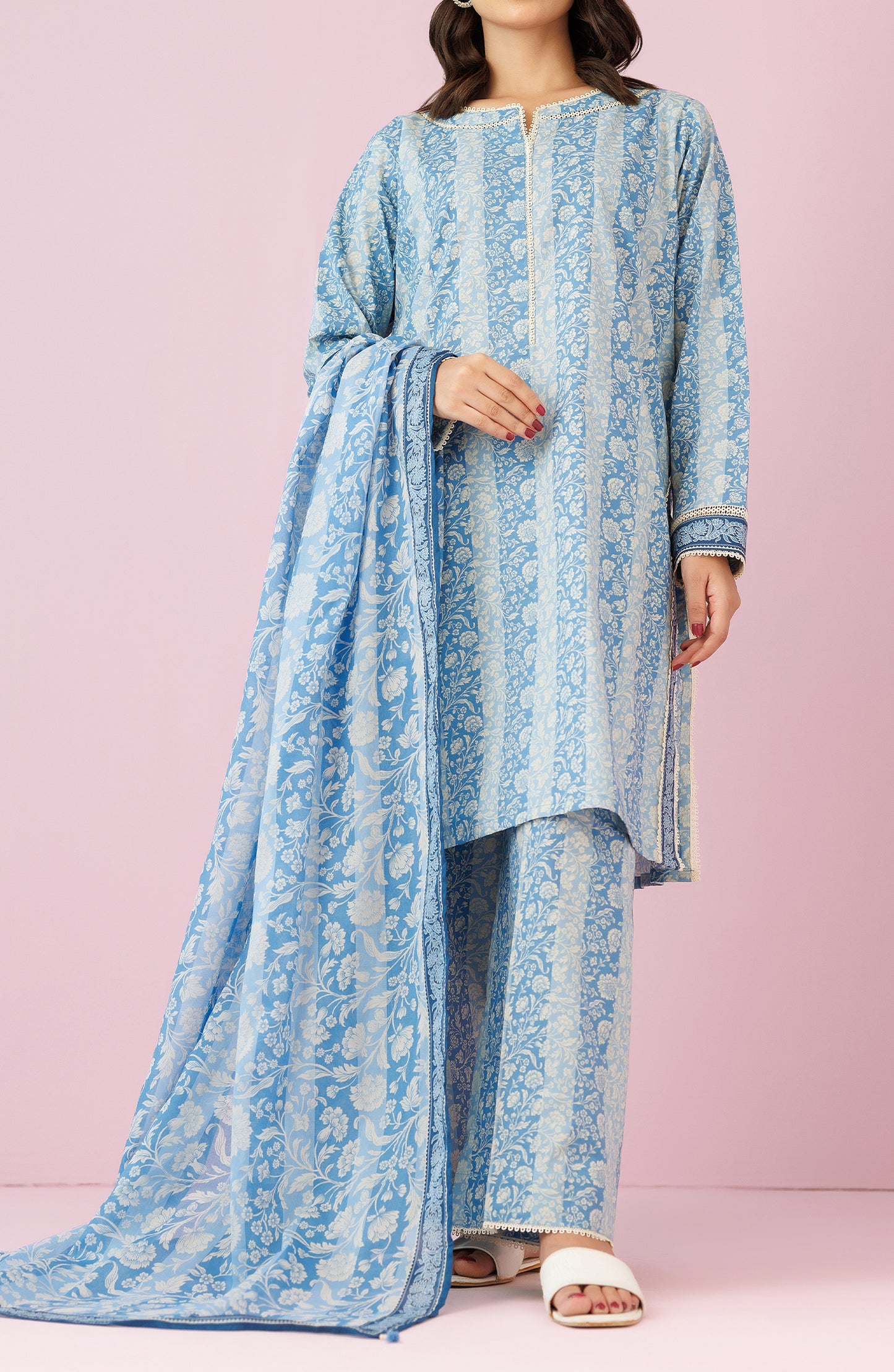 Unstitched 3 Piece Printed Lawn Shirt , Cambric Pant and Lawn Dupatta (OTL-24-423/U ICE BLUE)