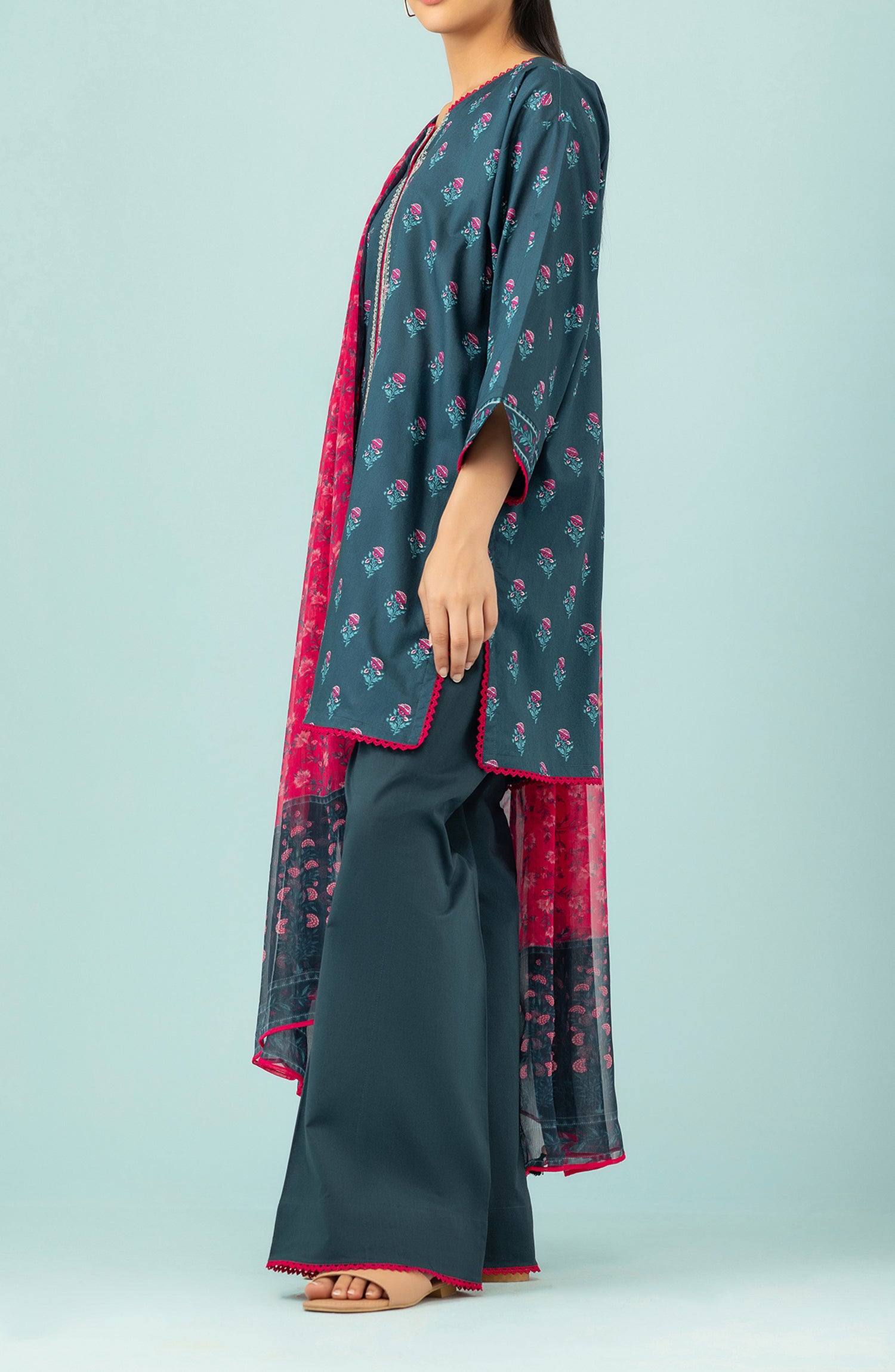 Unstitched 3 Piece Embroidered Lawn Shirt , Cambric Pant and Lawn Dupatta (OTL-24-108/U TEAL)