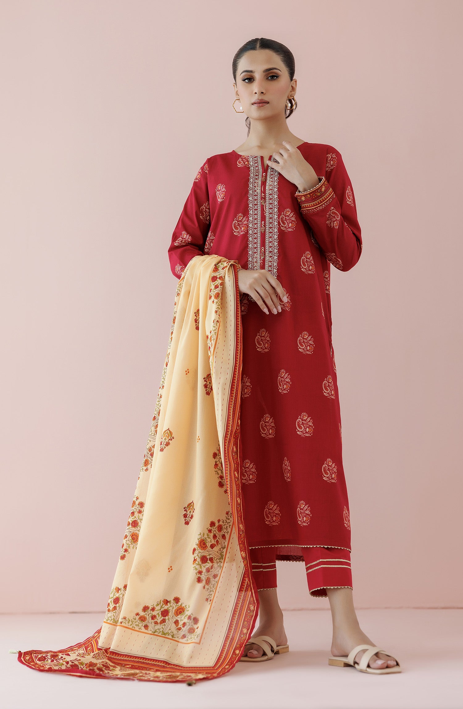 Unstitched 3 Piece Embroidered Lawn Shirt , Cambric Pant and Lawn Dupatta (OTL-24-011/U RED)