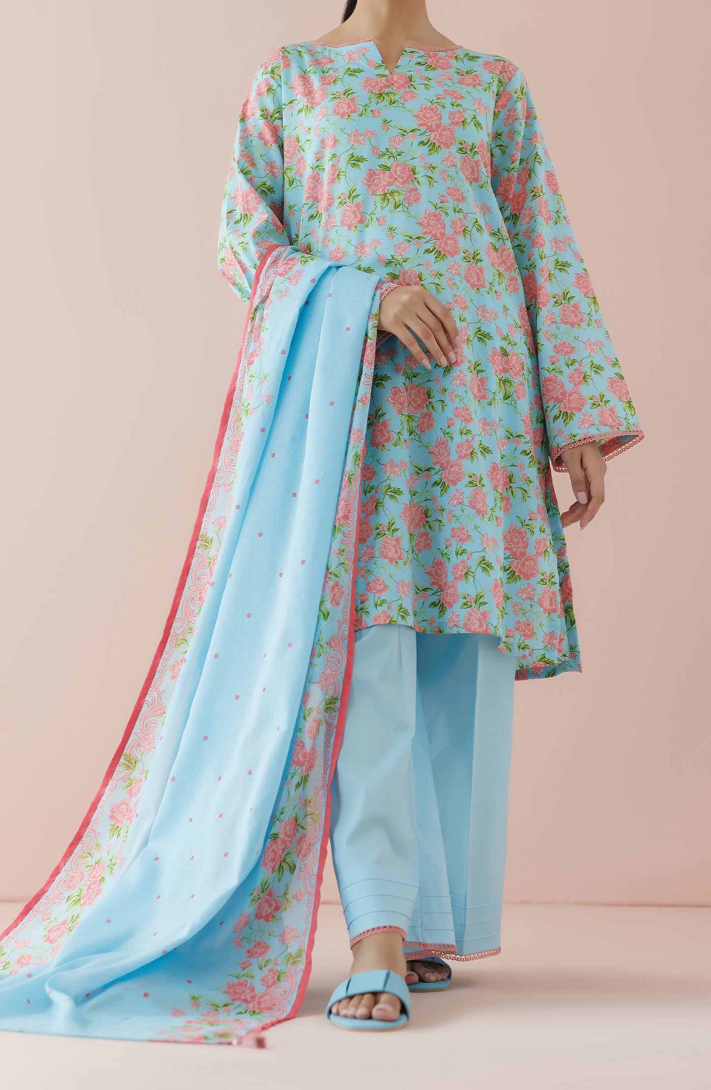 Unstitched 3 Piece Printed Lawn Shirt , Cambric Pant and Lawn Dupatta (OTL-24-152/U SKY BLUE)