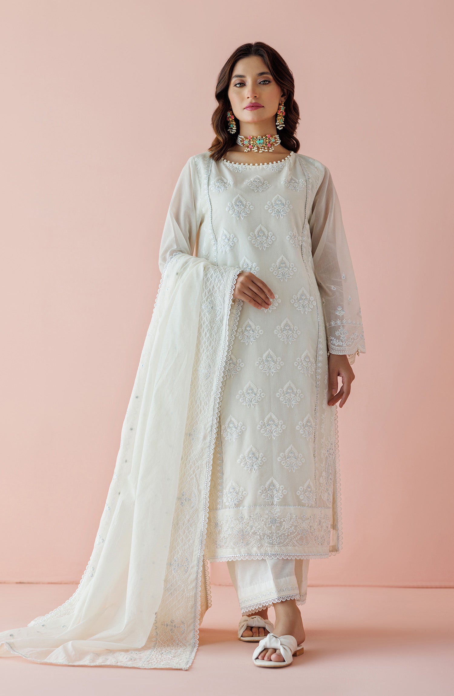 WRFC24S-3001/U WHITE KORA COTTON Women UNSTITCHED SHIRT DUPATTA PANTS