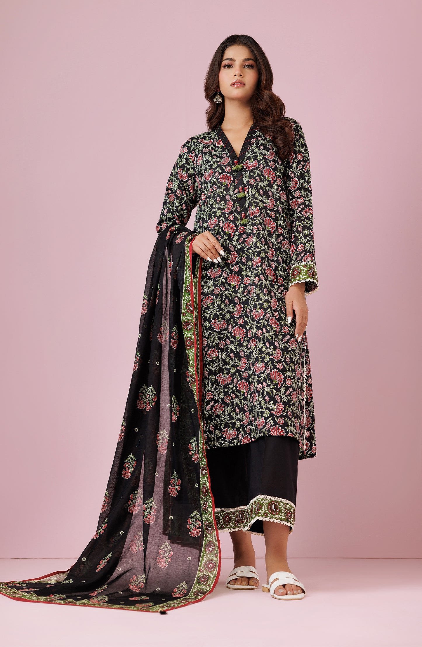 Unstitched 3 Piece Printed Lawn Shirt , Cambric Pant and Lawn Dupatta (OTL-24-350/U BLACK)