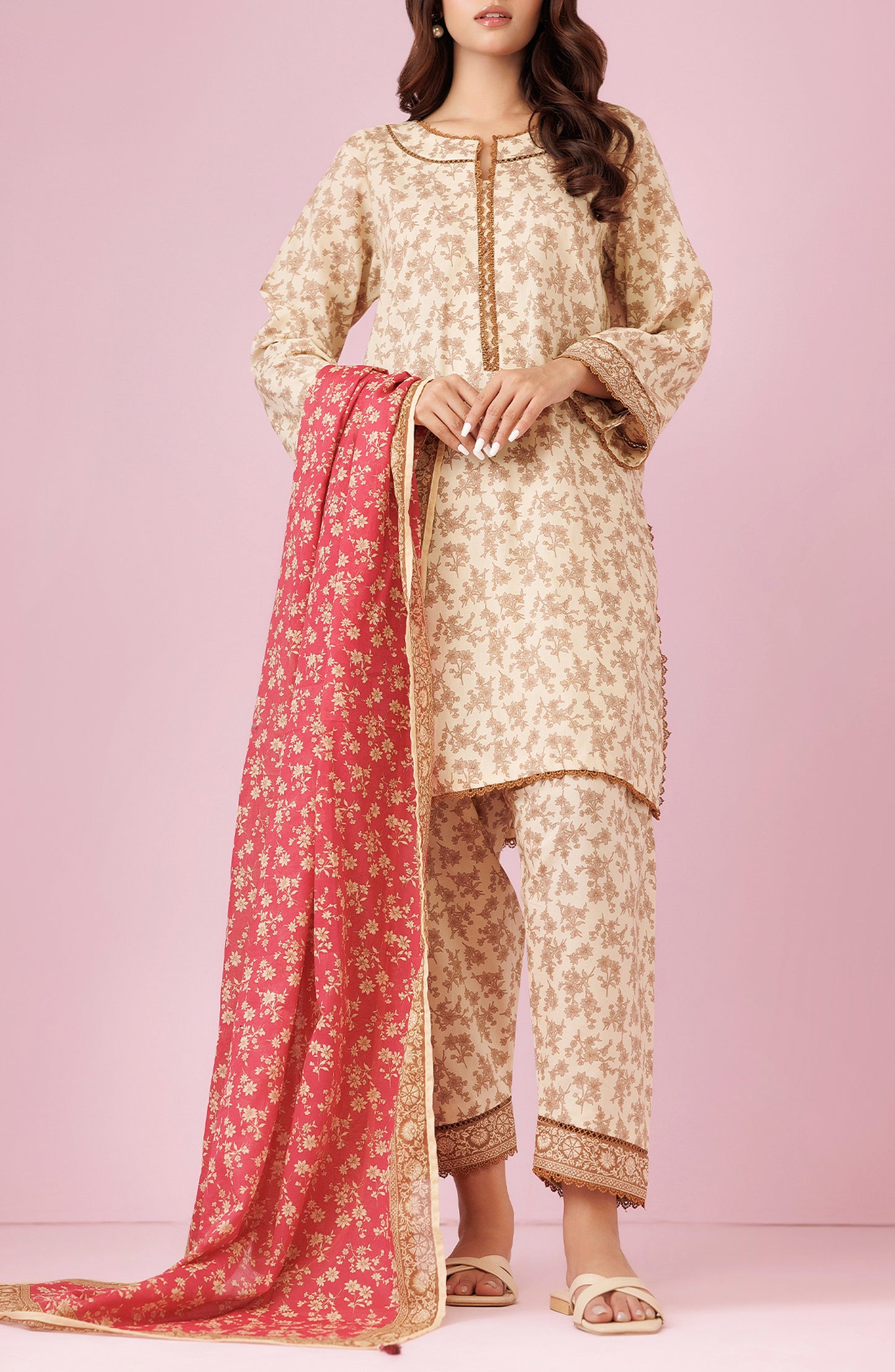 Unstitched 3 Piece Printed Lawn Shirt , Cambric Pant and Lawn Dupatta (OTL-24-218/U BEIGE)