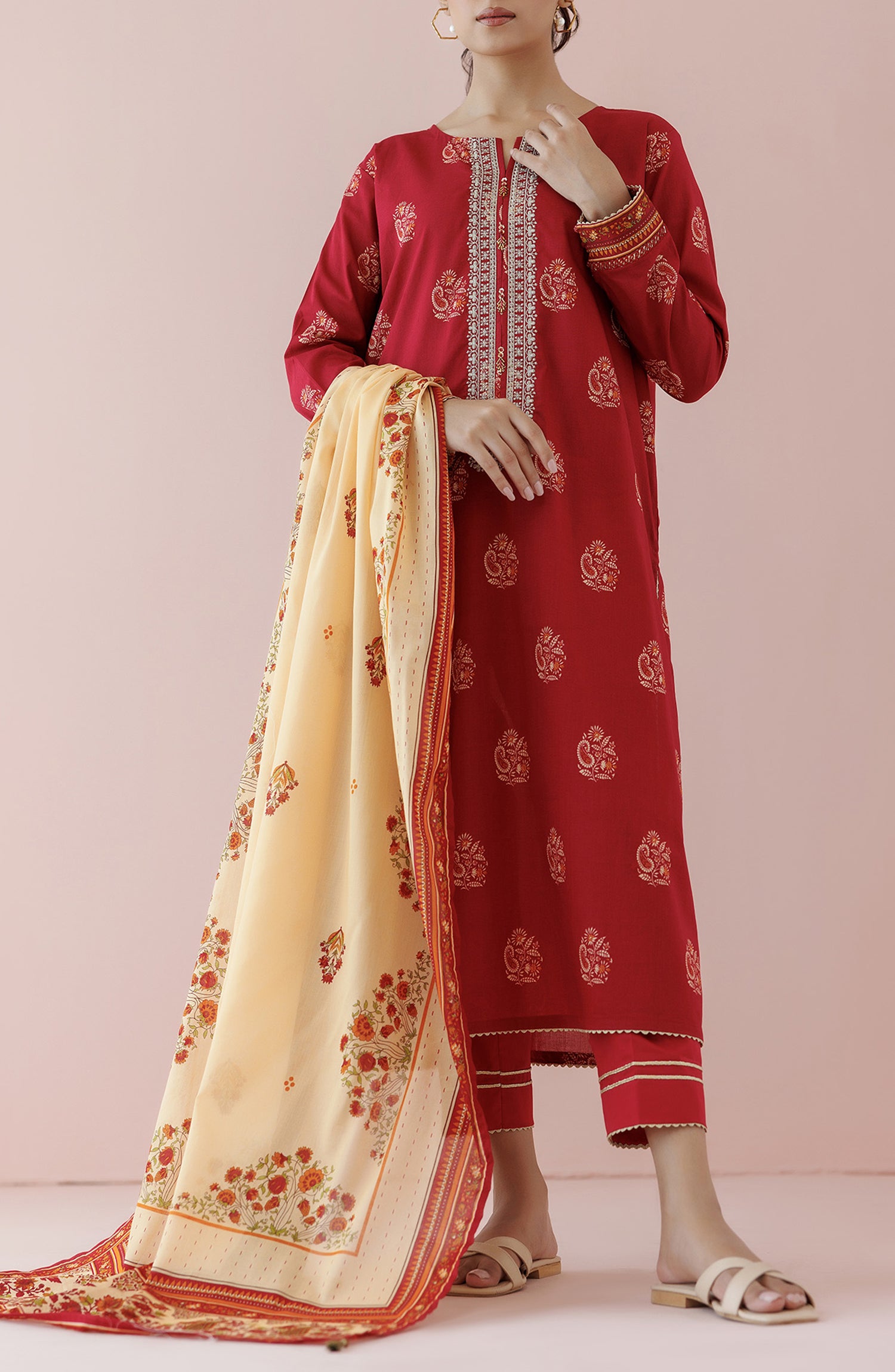 Stitched 3 Piece Embroidered Lawn Shirt , Cambric Pant and Lawn Dupatta (OTL-24-011/S RED)