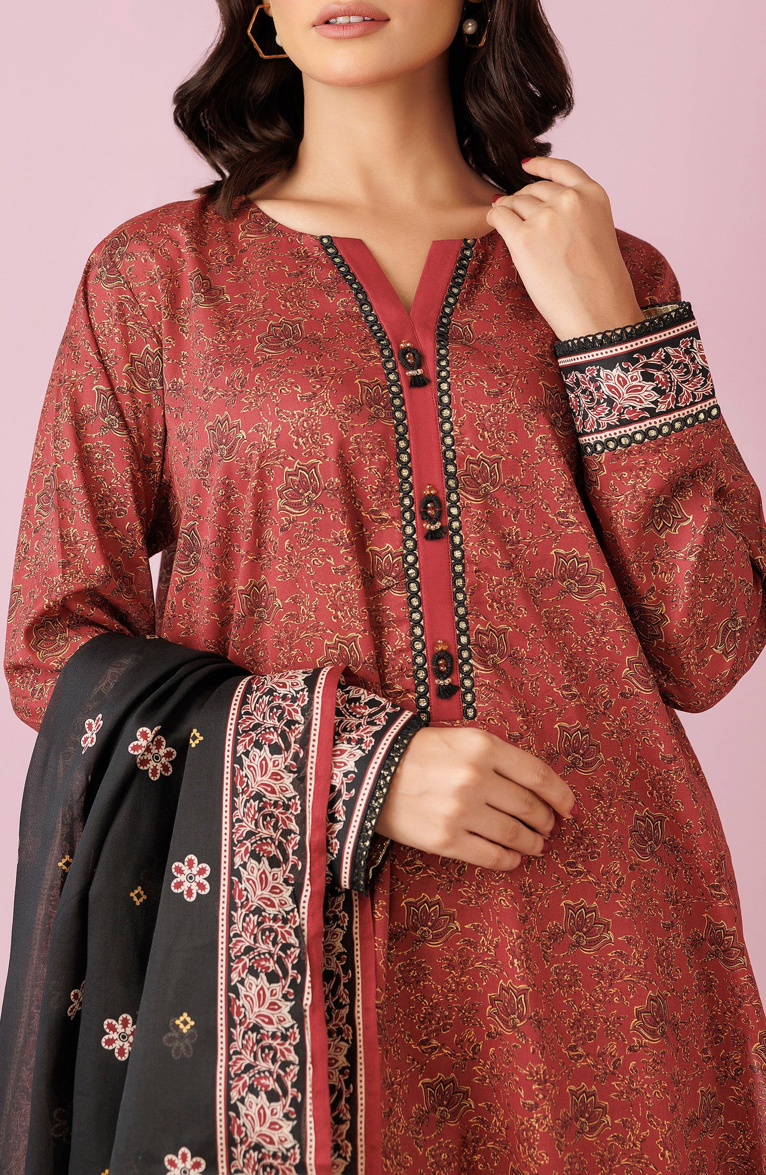 Unstitched 3 Piece Printed Lawn Shirt , Cambric Pant and Lawn Dupatta (OTL-24-215/U MAROON)