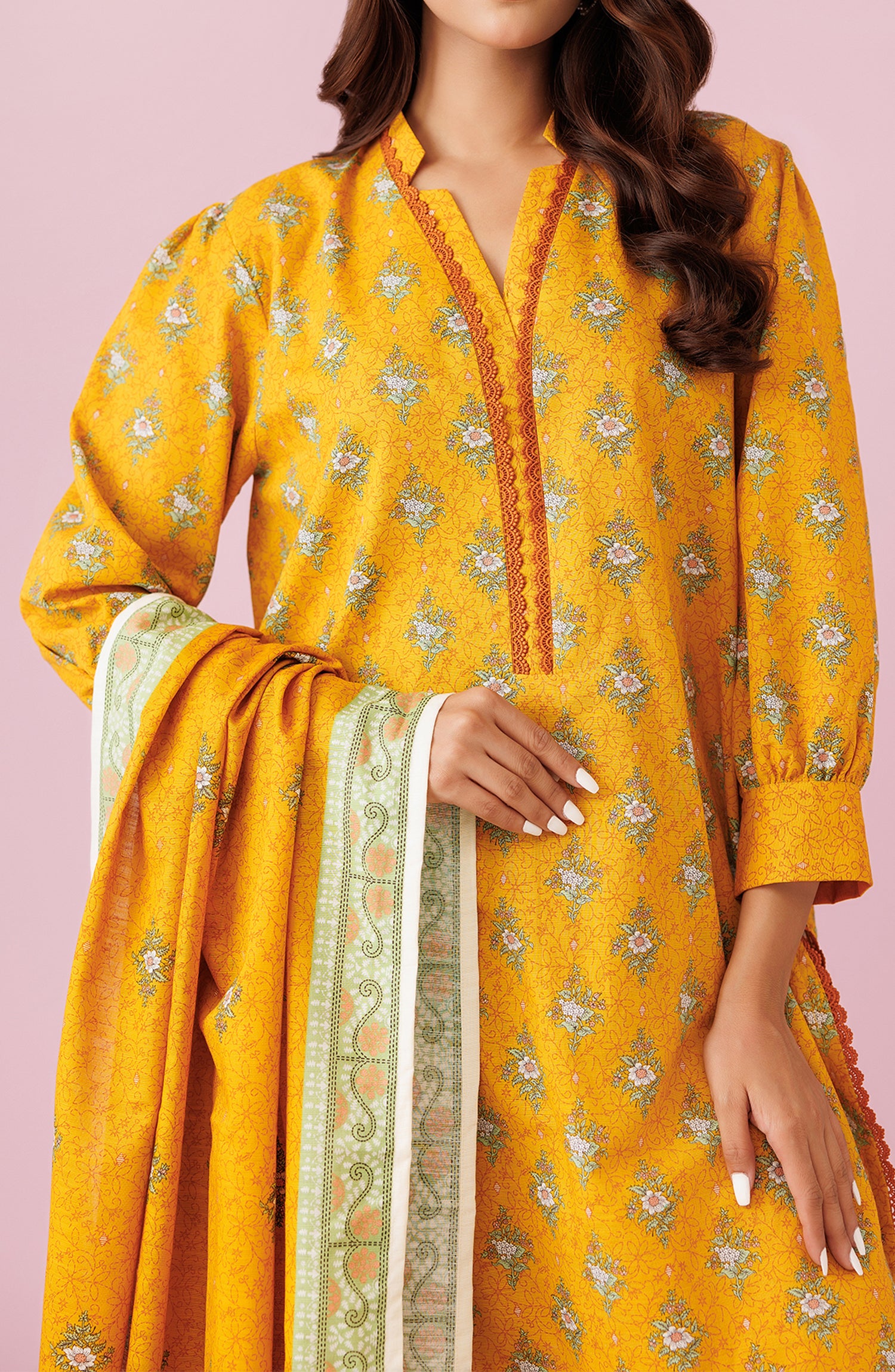 Unstitched 3 Piece Printed Khaddar Shirt , Khaddar Pant and Khaddar Dupatta (OTL-24-476/U OCHRE)