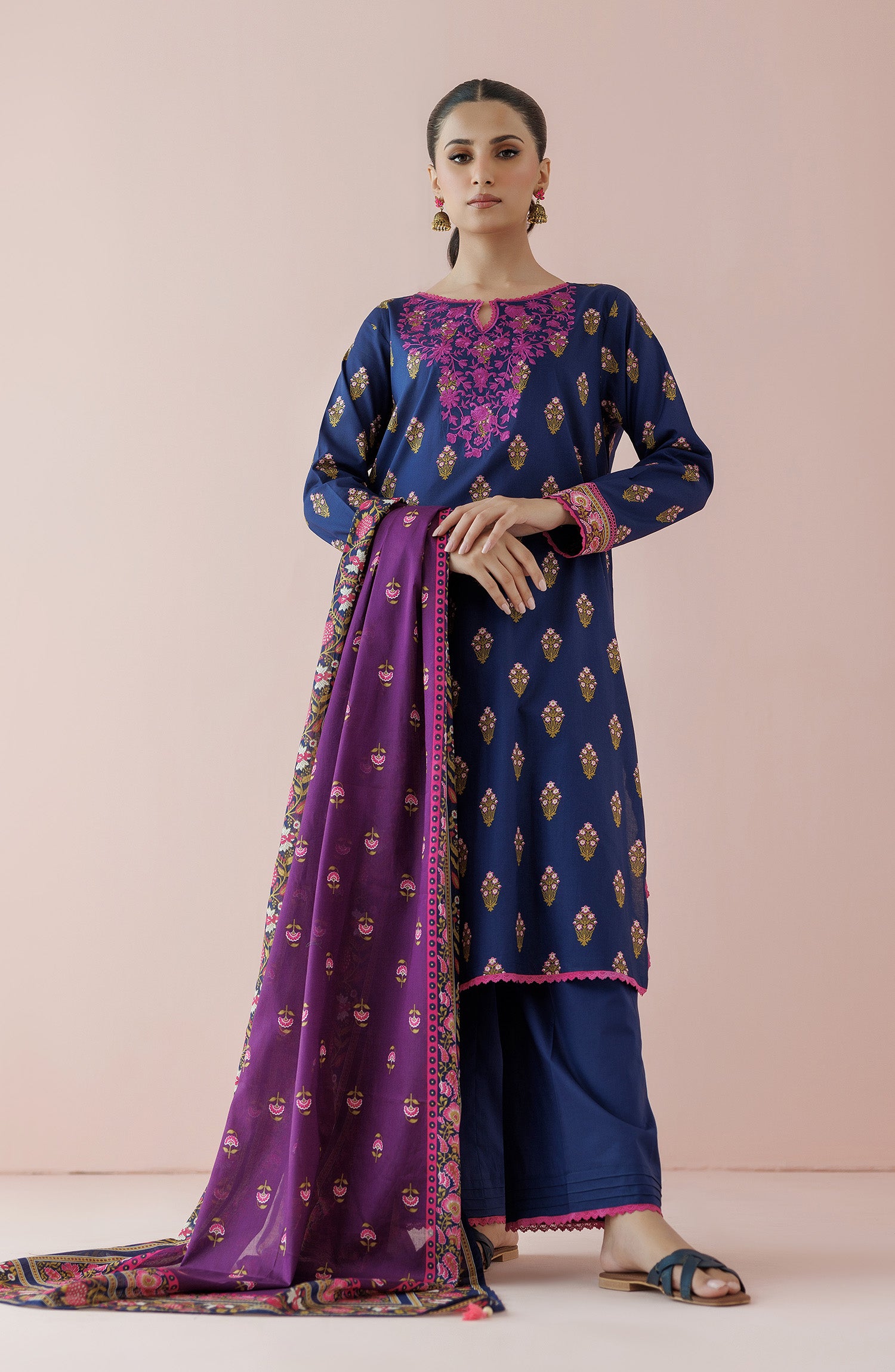 Unstitched 3 Piece Embroidered Lawn Shirt , Cambric Pant and Lawn Dupatta (OTL-24-087/U BLUE)