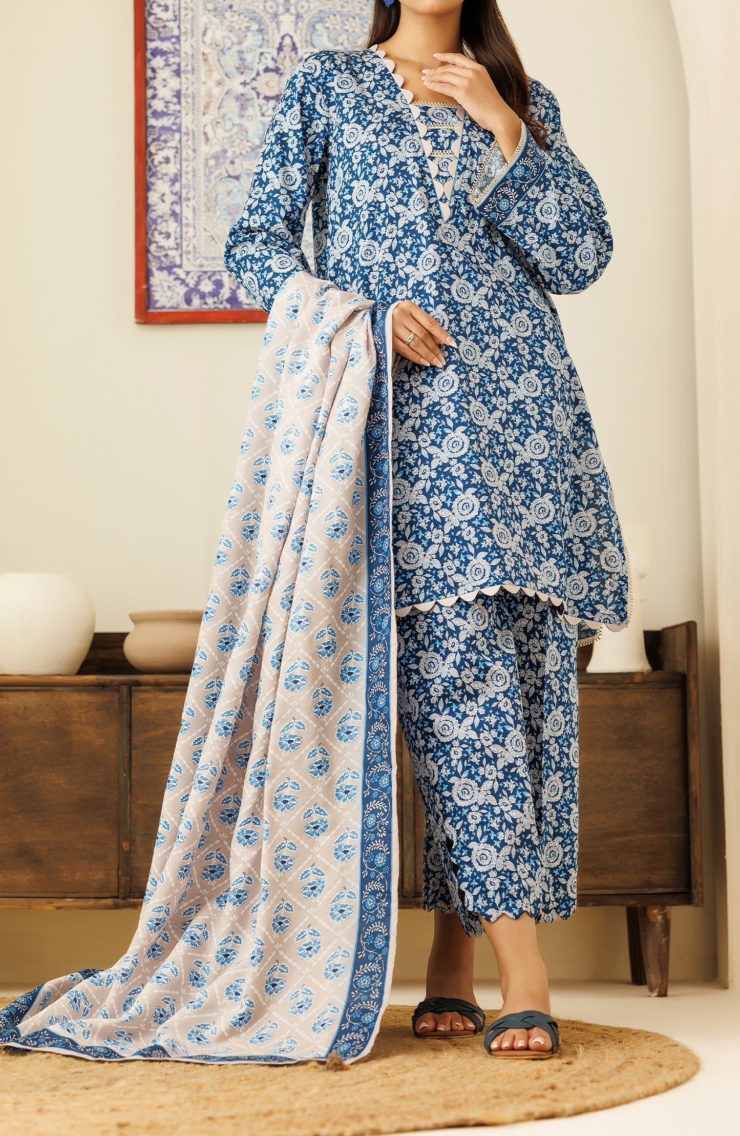 Unstitched 3 Piece  Printed Cottel Shirt , Cottel Pant and Cottel Dupatta (OTL-24-442/U BEIGE)