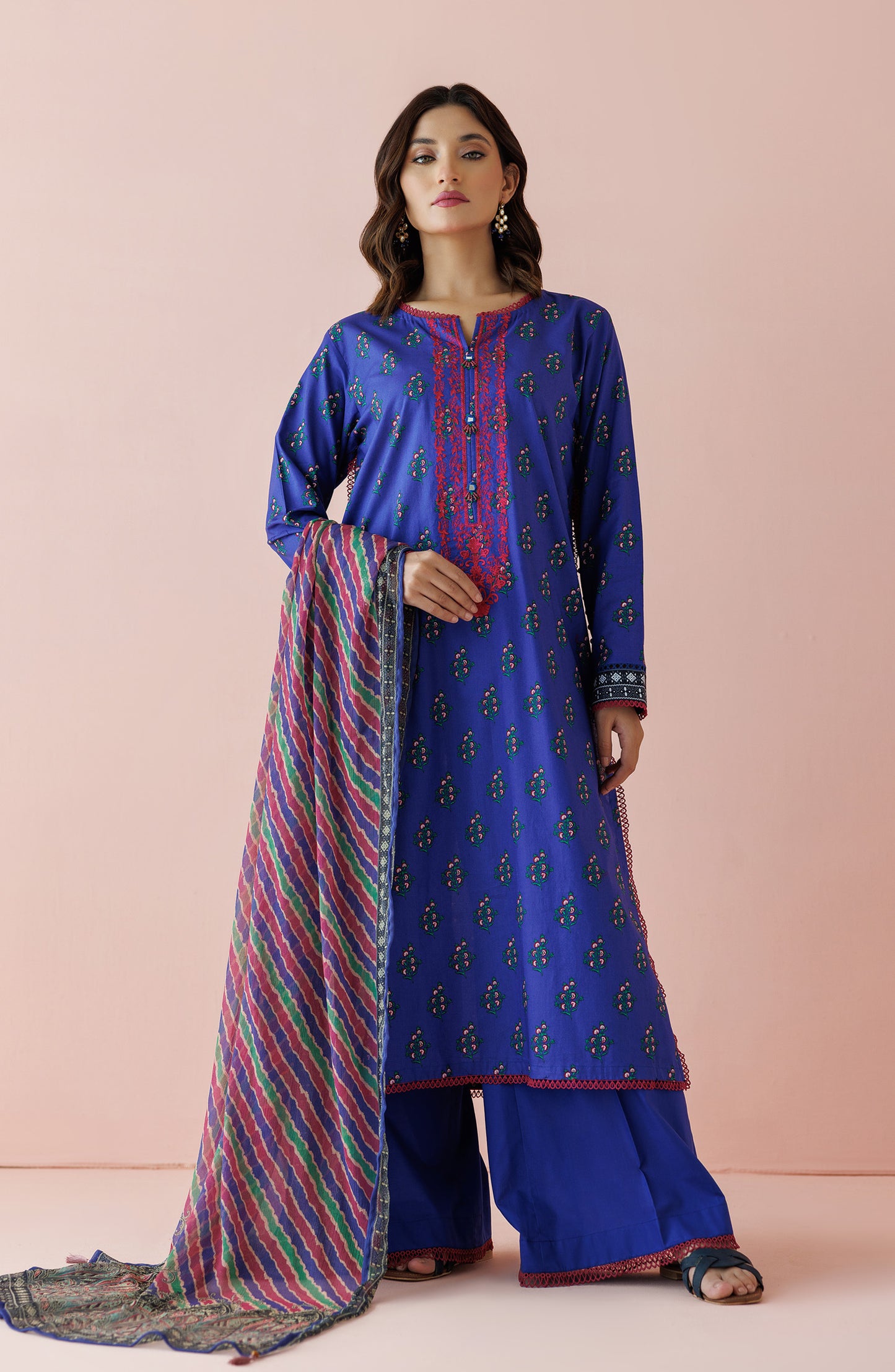 Unstitched 3 Piece Embroidered Lawn Shirt , Cambric Pant and Kitonic Chiffon Dupatta (OTL-24-041/U BLUE)