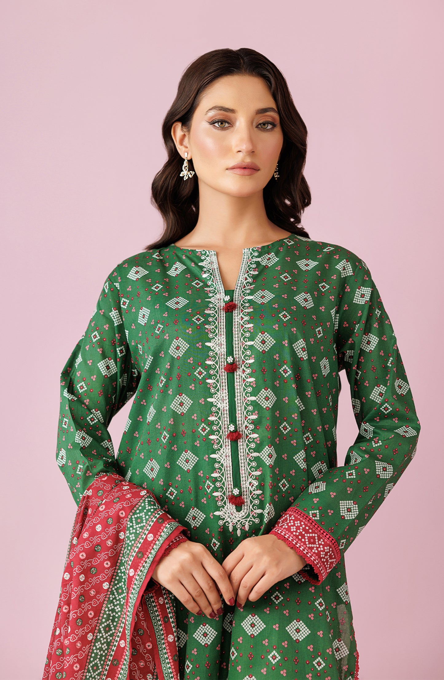 Unstitched 3 Piece Embroidered Lawn Shirt , Cambric Pant and Lawn Dupatta (OTL-24-057/U GREEN)