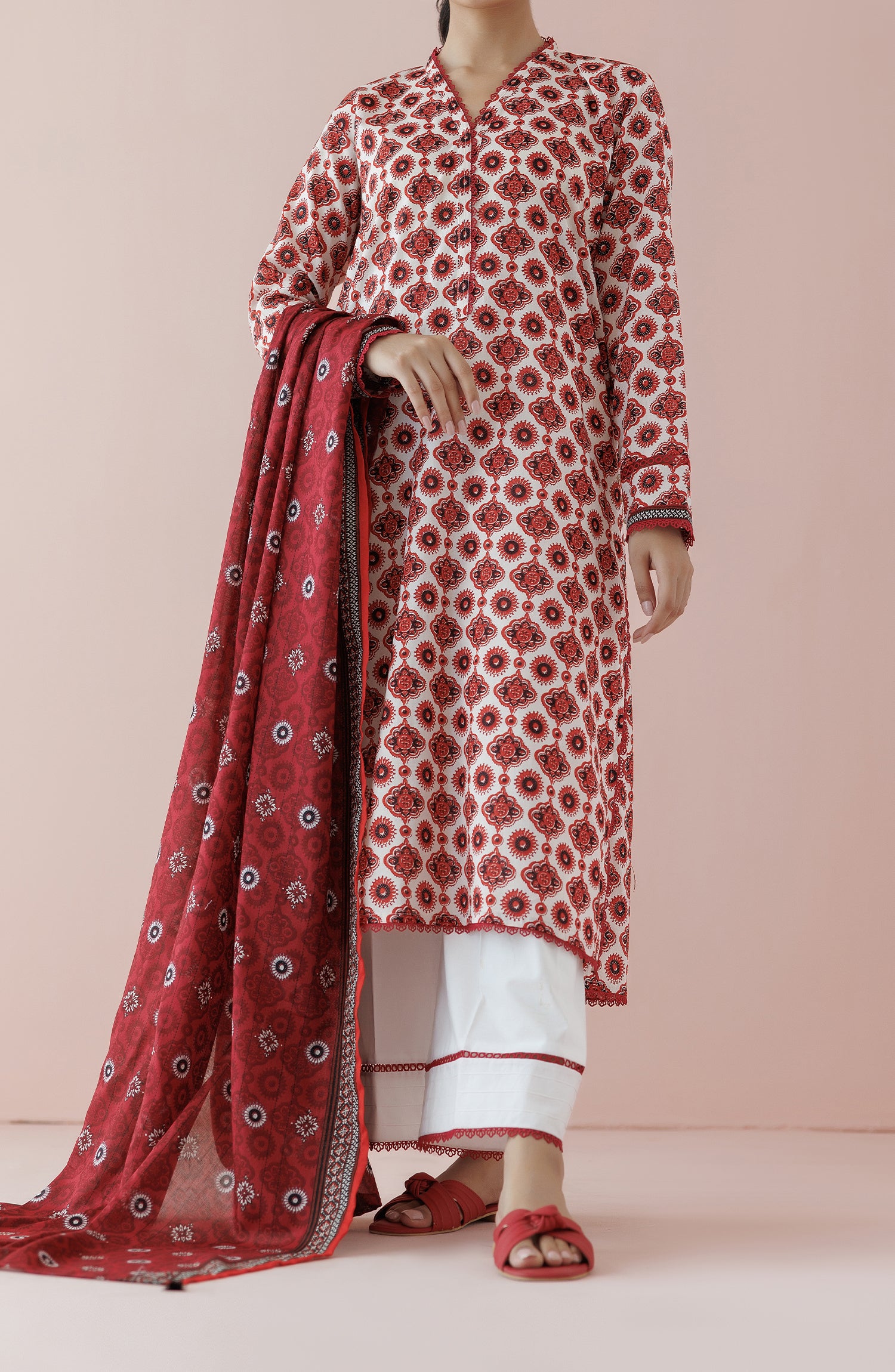 Unstitched 3 Piece Printed Lawn Shirt , Cambric Pant and Lawn Dupatta (OTL-24-158/U BEIGE)