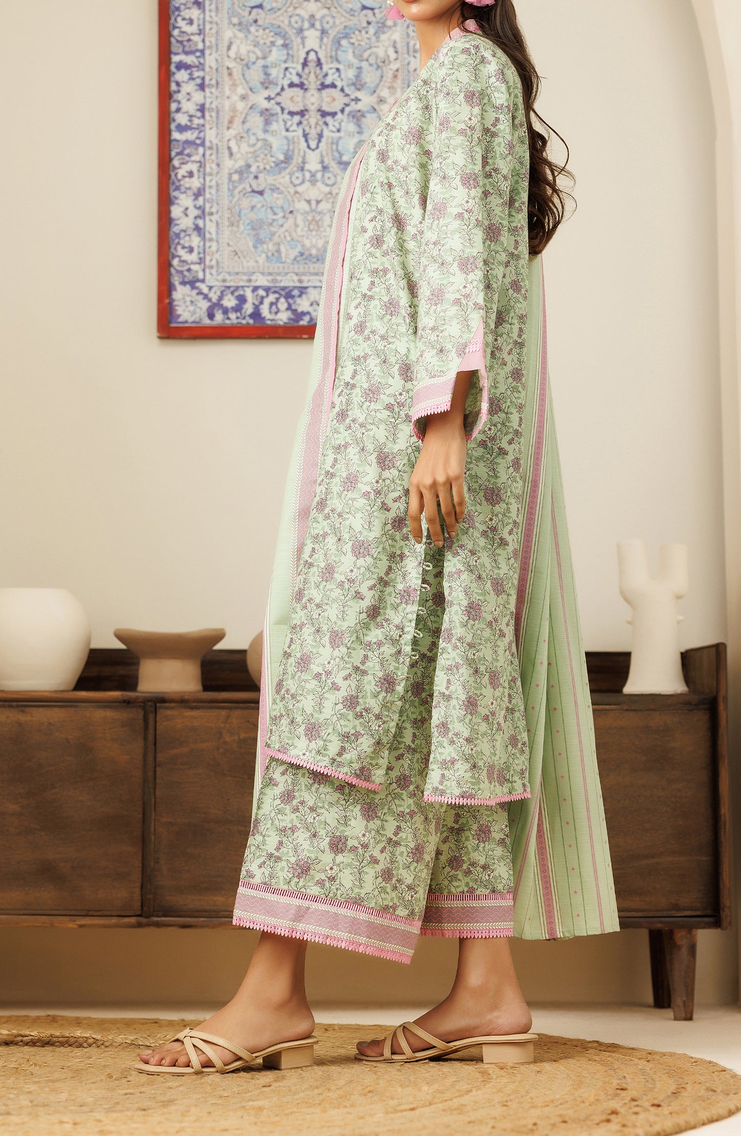 Unstitched 3 Piece Printed Khaddar Shirt , Khaddar Pant and Khaddar Dupatta (OTL-24-381/U MINT GREEN)