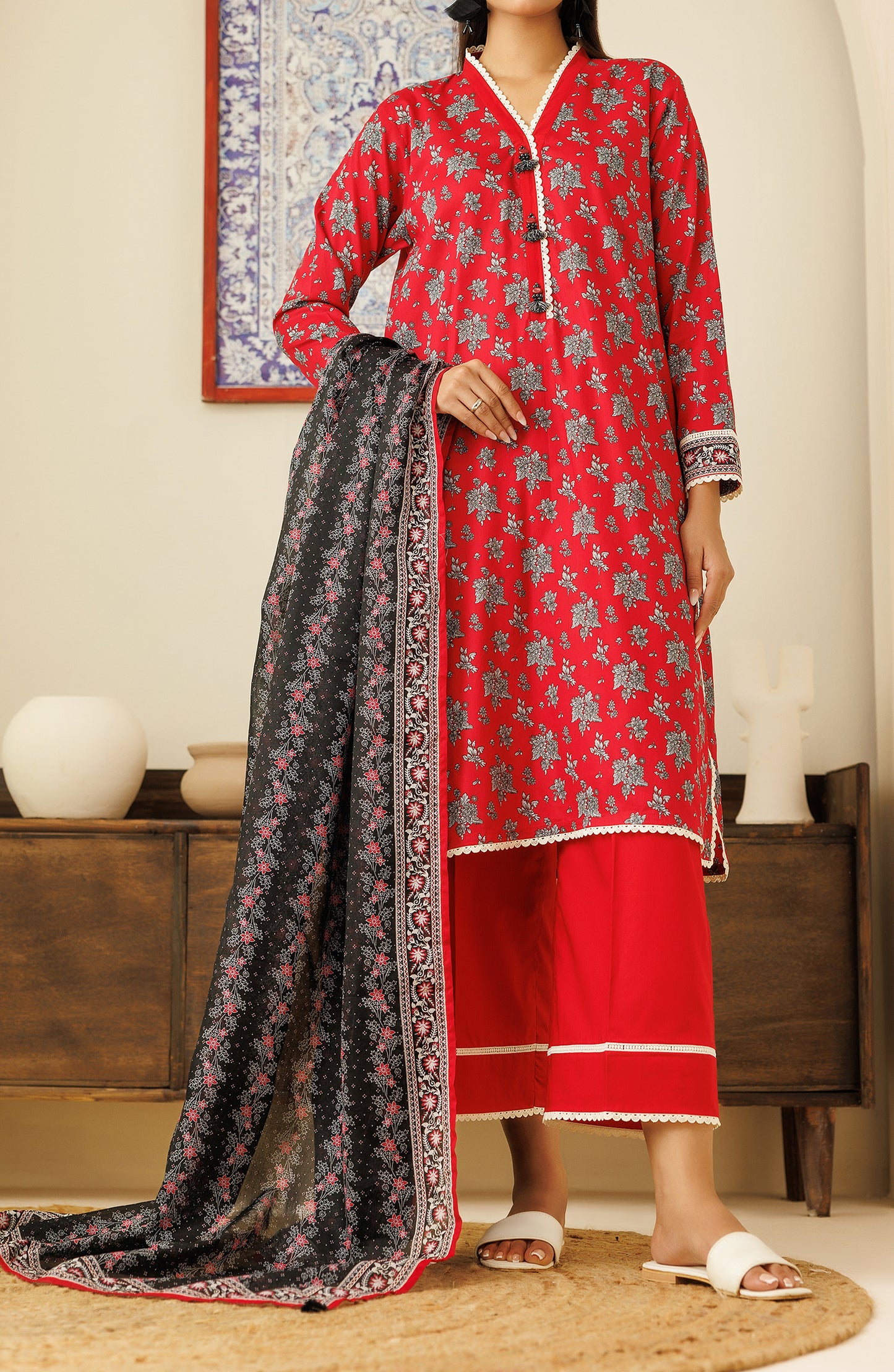 OTL-24-326/U RED LAWN Women UNSTITCHED SHIRT DUPATTA PANTS