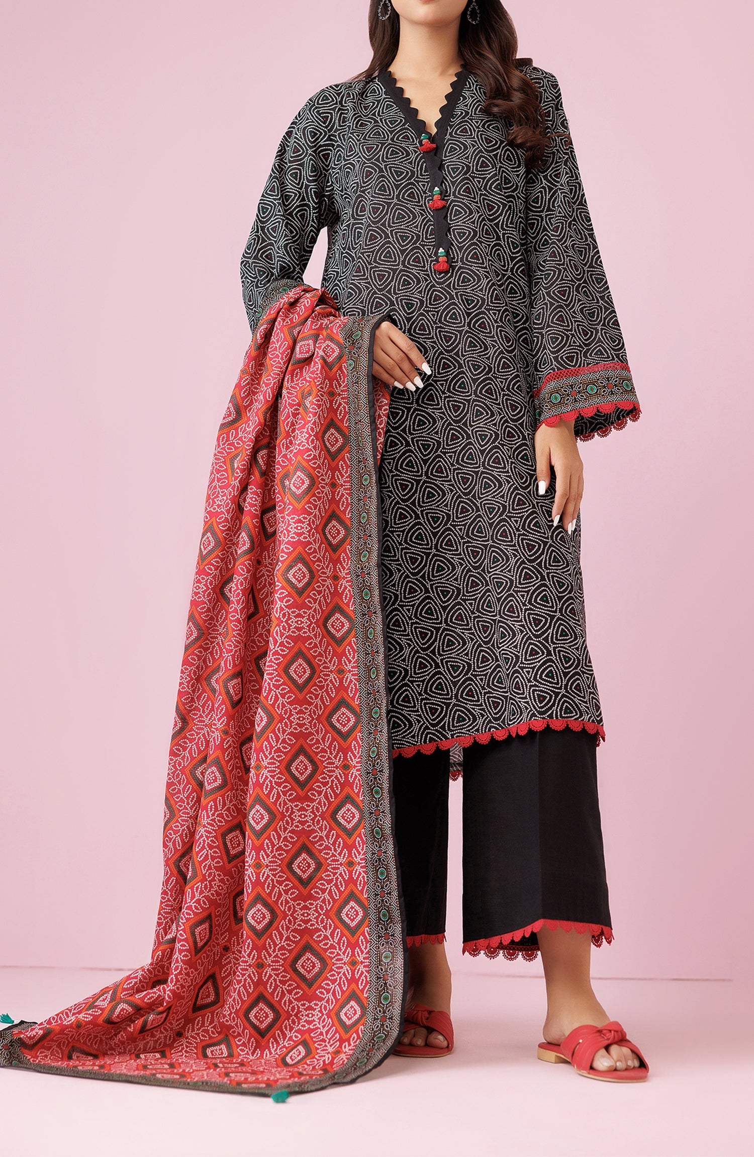 Unstitched 3 Piece Printed Khaddar Shirt , Khaddar Pant and Khaddar Dupatta (OTL-24-308/U BLACK)