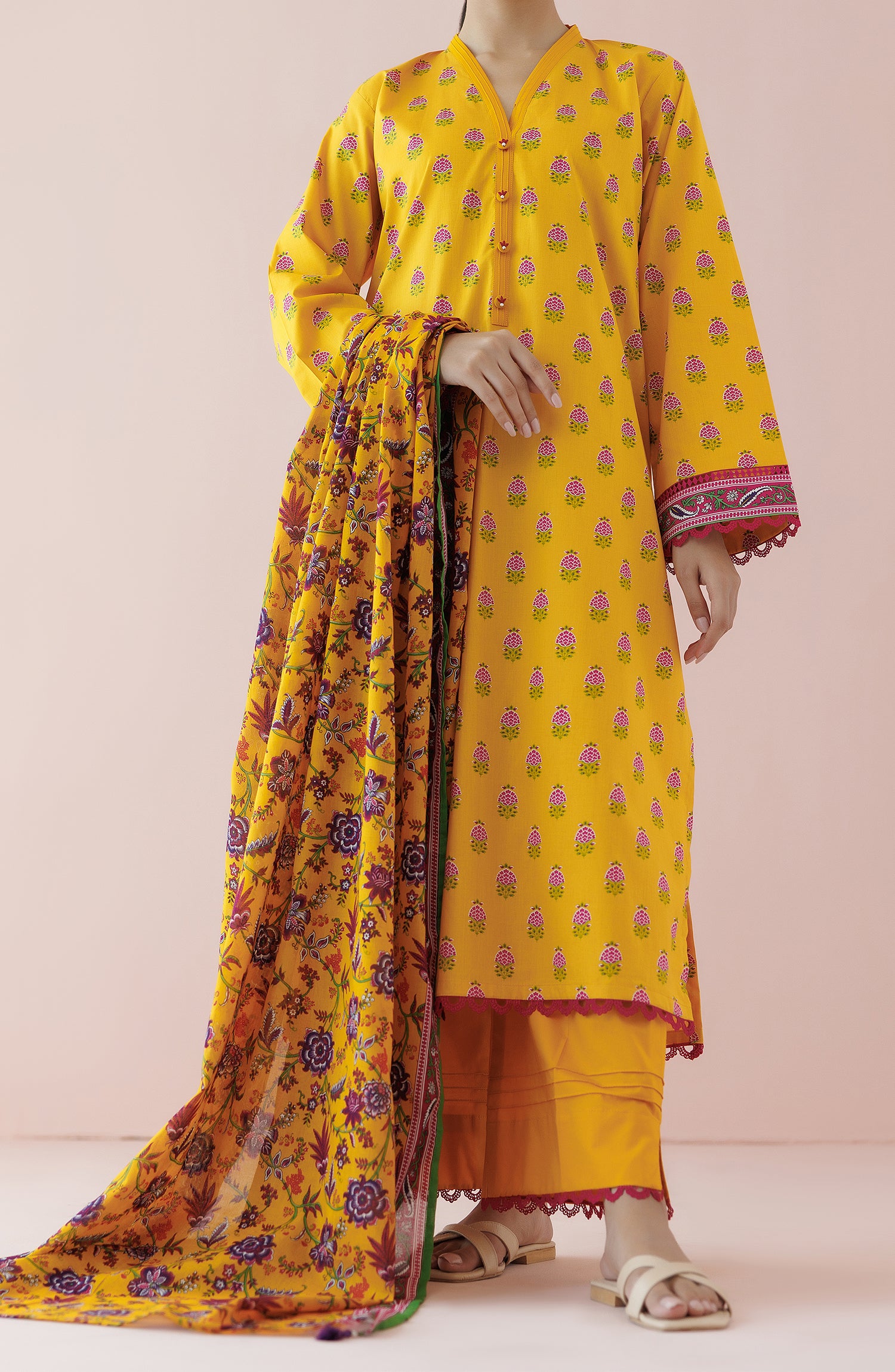 Unstitched 3 Piece Printed Lawn Shirt , Cambric Pant and Lawn Dupatta (OTL-24-172/U YELLOW)