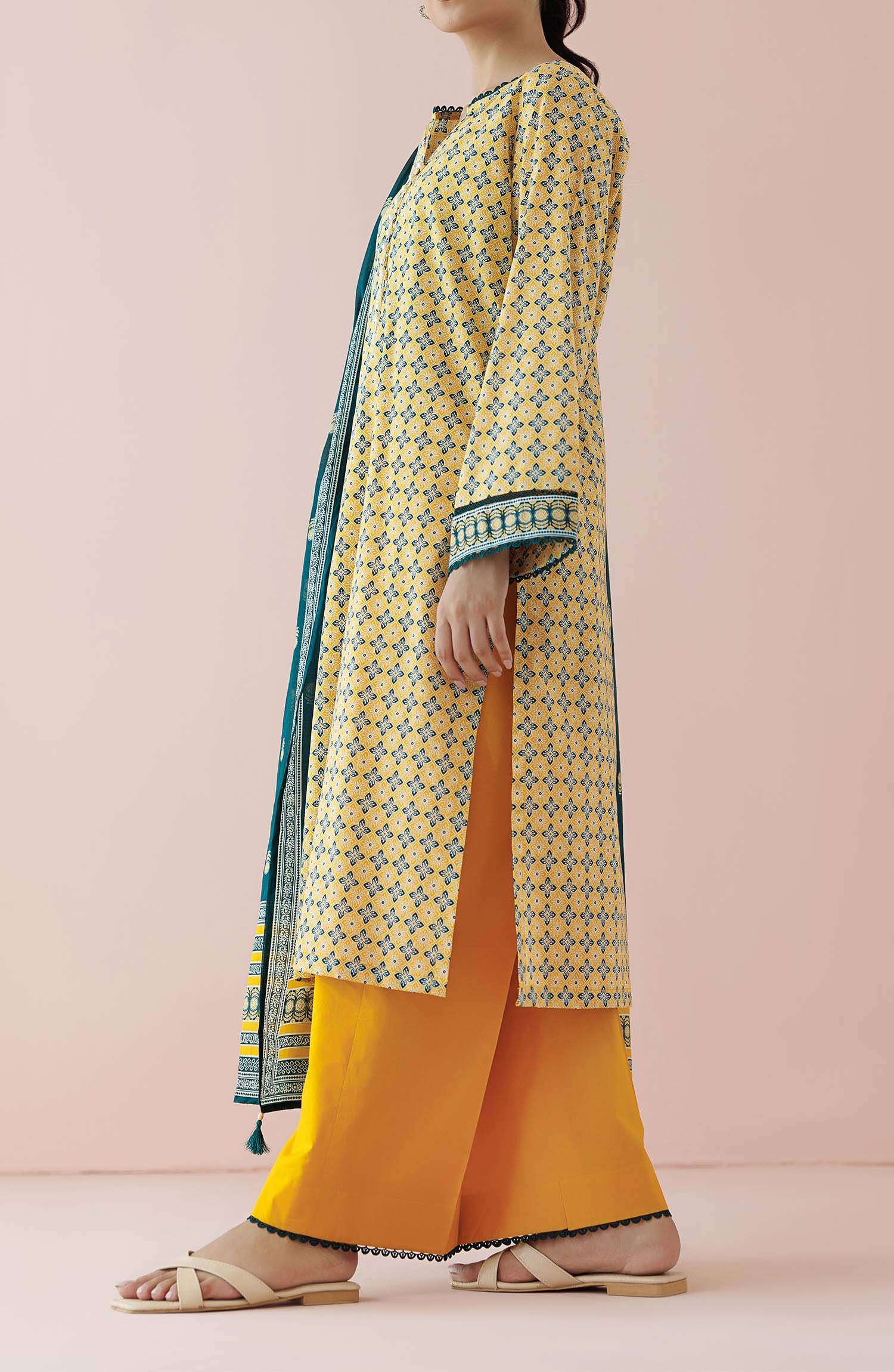 Unstitched 3 Piece Printed Lawn Shirt , Cambric Pant and Lawn Dupatta (OTL-24-089/U OCHER)