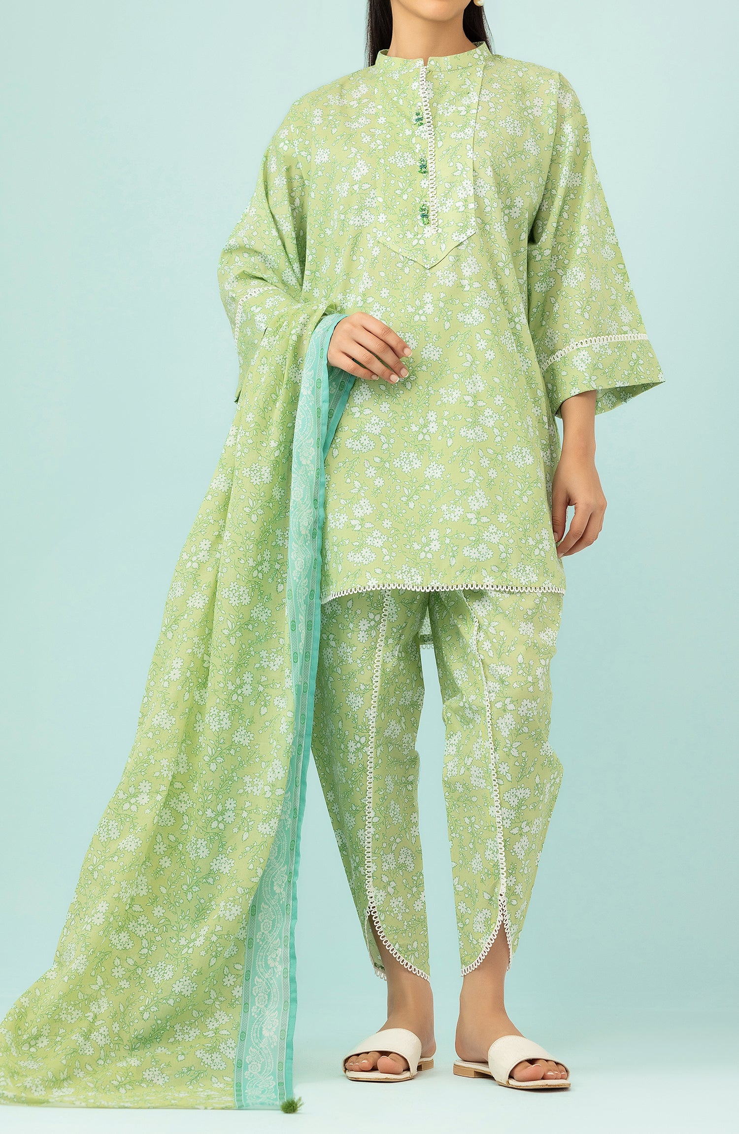 Unstitched 3 Piece Printed Lawn Shirt , Cambric Pant and Lawn Dupatta (OTL-24-429/U MINT GREEN)